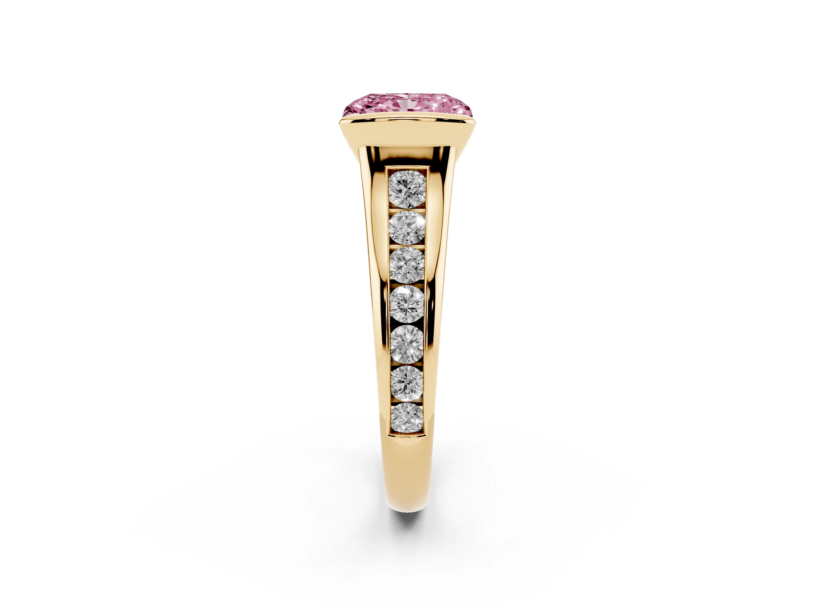 Fancy Pink Radiant Cut Diamond Bezel-Set Solitaire Ring Set in Yellow gold with Channel-Set Band