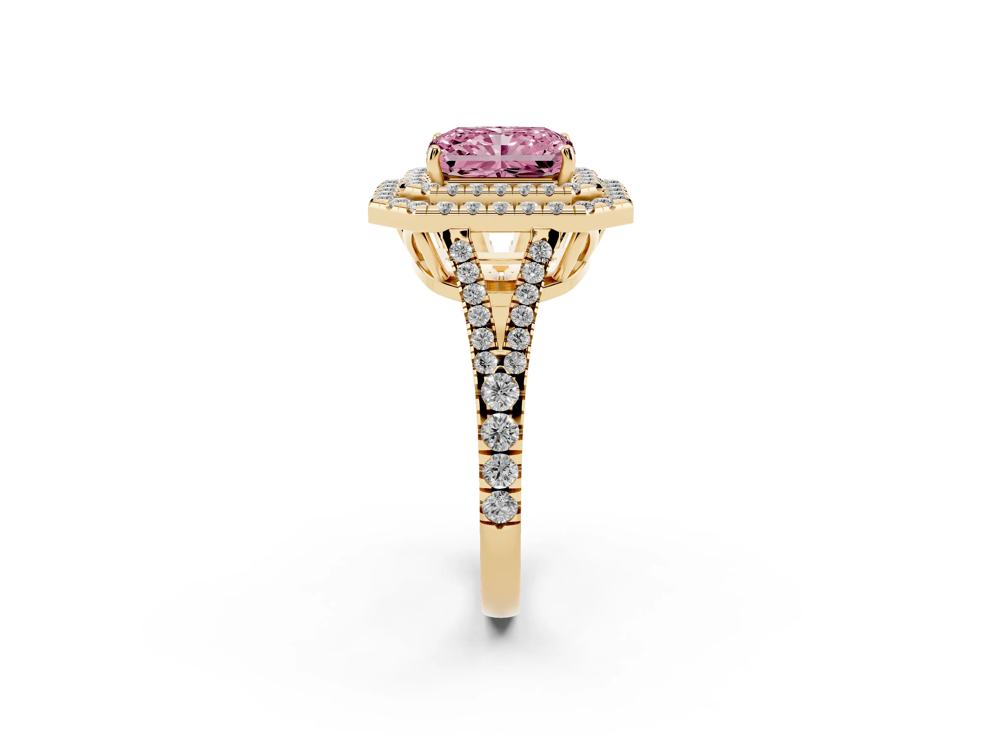 Fancy Pink Radiant Cut Diamond Double Halo Ring Set in Yellow gold with Pavé Band