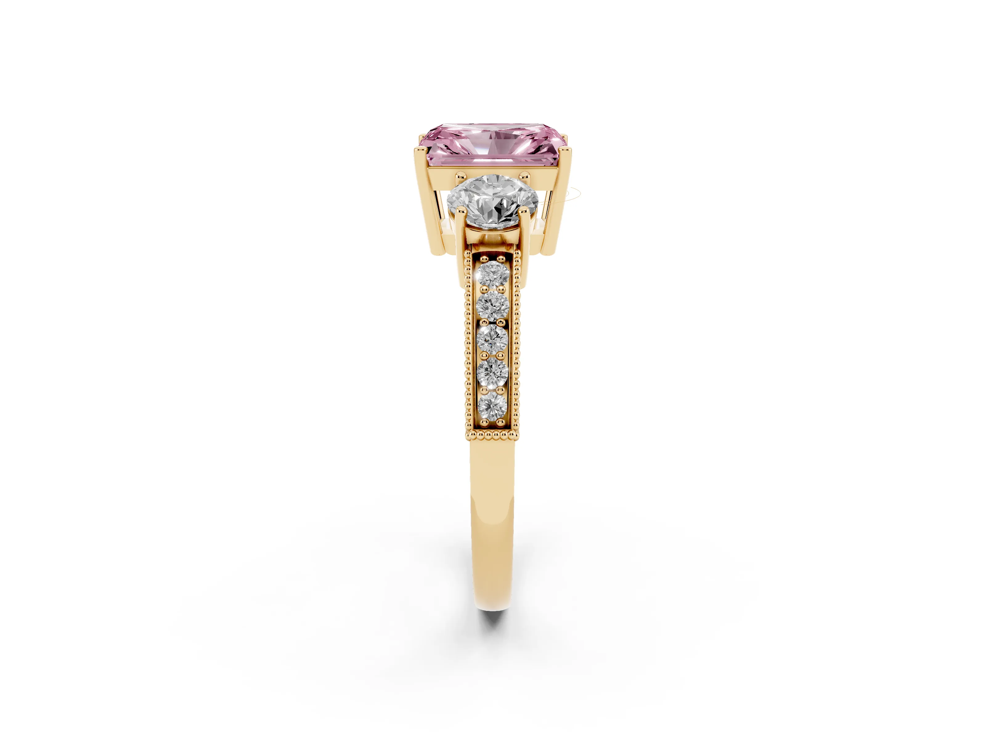 Fancy Pink Radiant Cut Diamond Three-Stone Ring Set in Yellow gold with Round Side Stones and Pavé Band