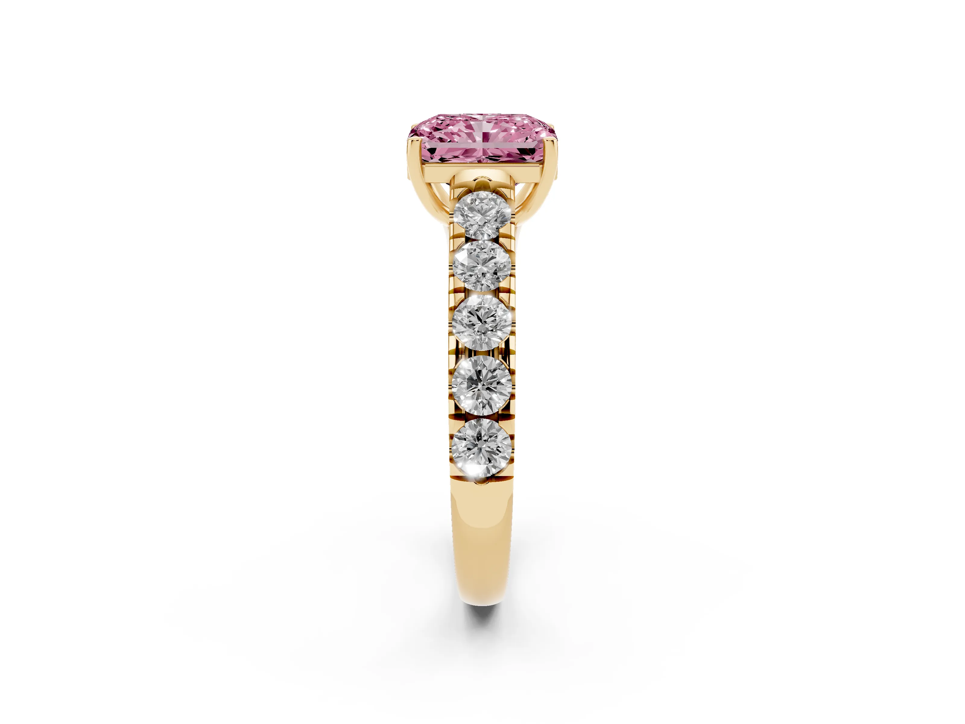 Fancy Pink Radiant Cut Diamond Solitaire Ring Set in Yellow gold with Cut-Down Micro Pavé Band and Prong Setting
