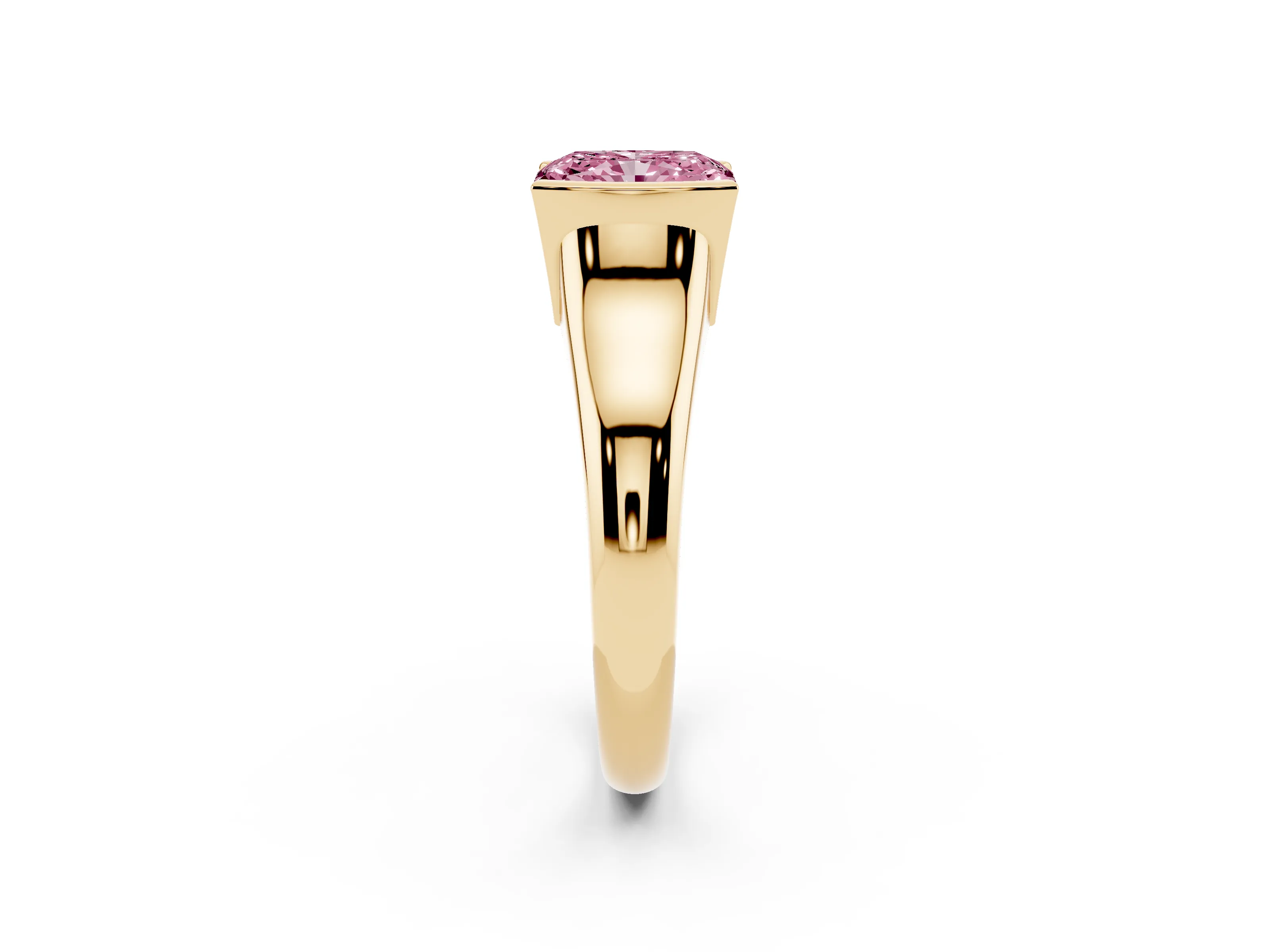 Fancy Pink Radiant Cut Diamond Solitaire Tension Set Ring Set in Yellow gold with Split Shank Band