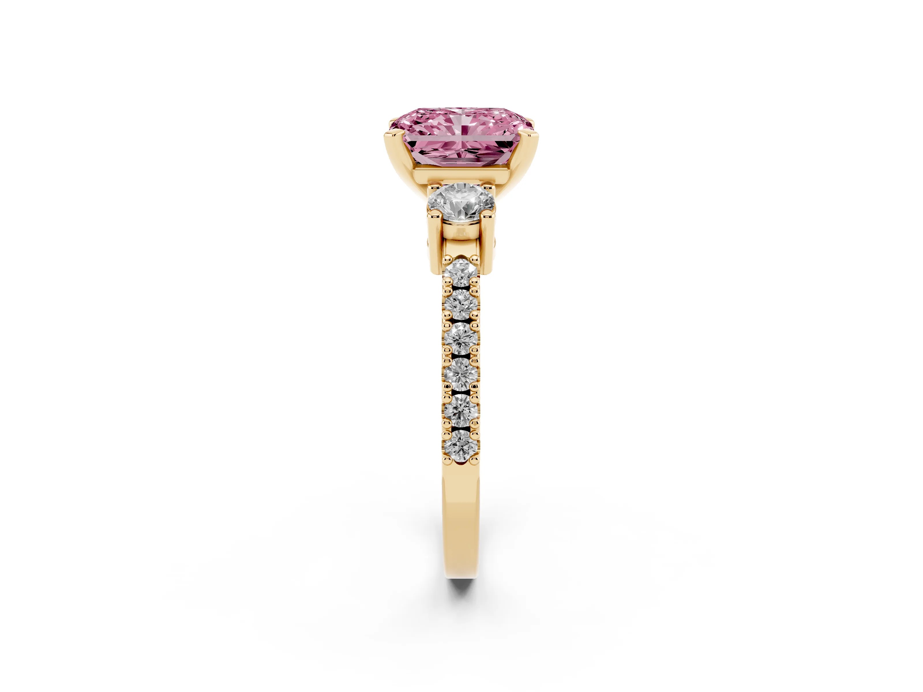 Fancy Pink Three-Stone Radiant Cut Diamond Pavé Band Ring Set in Yellow gold with Prong Setting