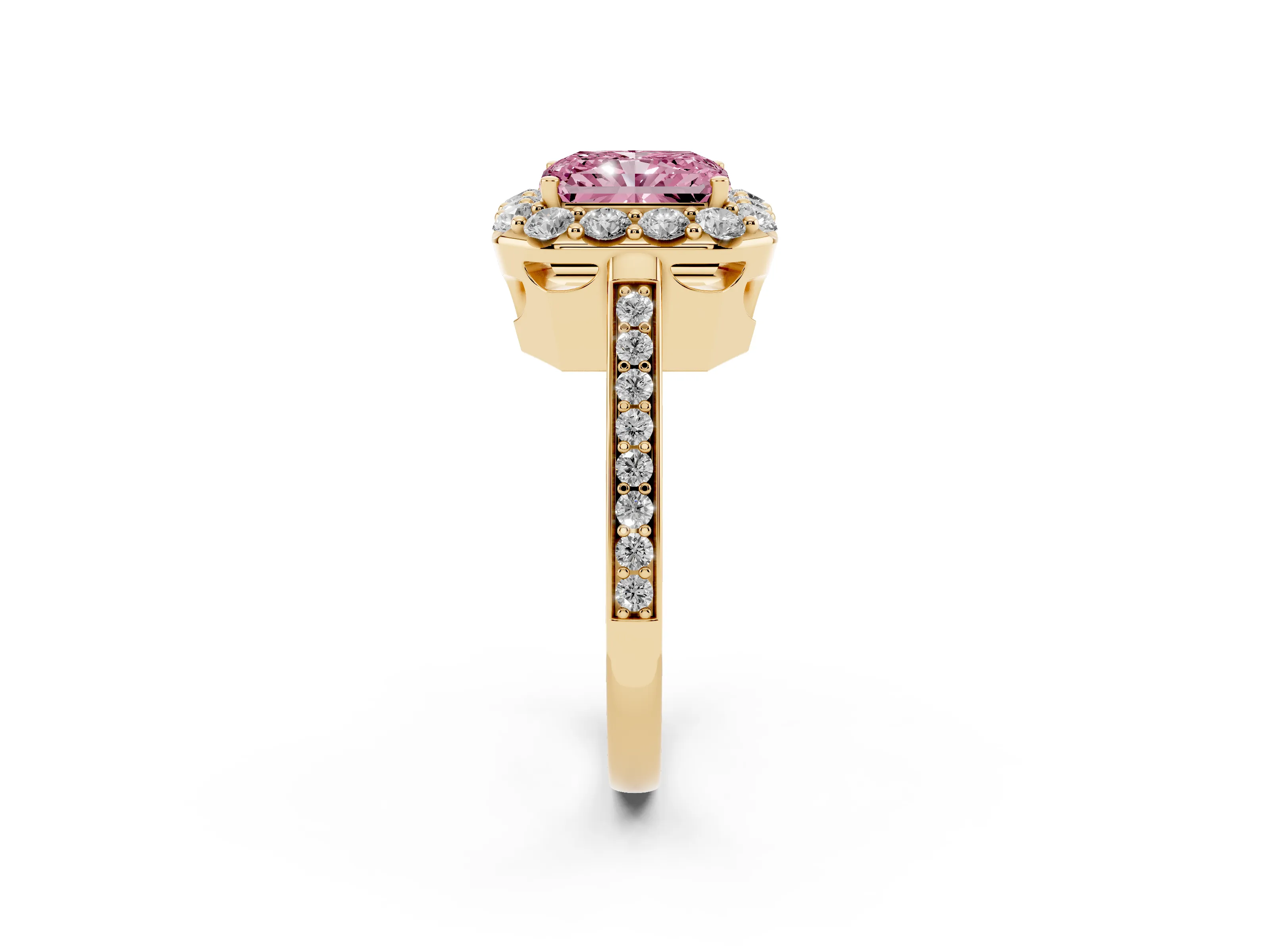 Fancy Pink Radiant Cut Diamond Floral Halo Ring Set in Yellow gold with Pavé Band and Prong Setting
