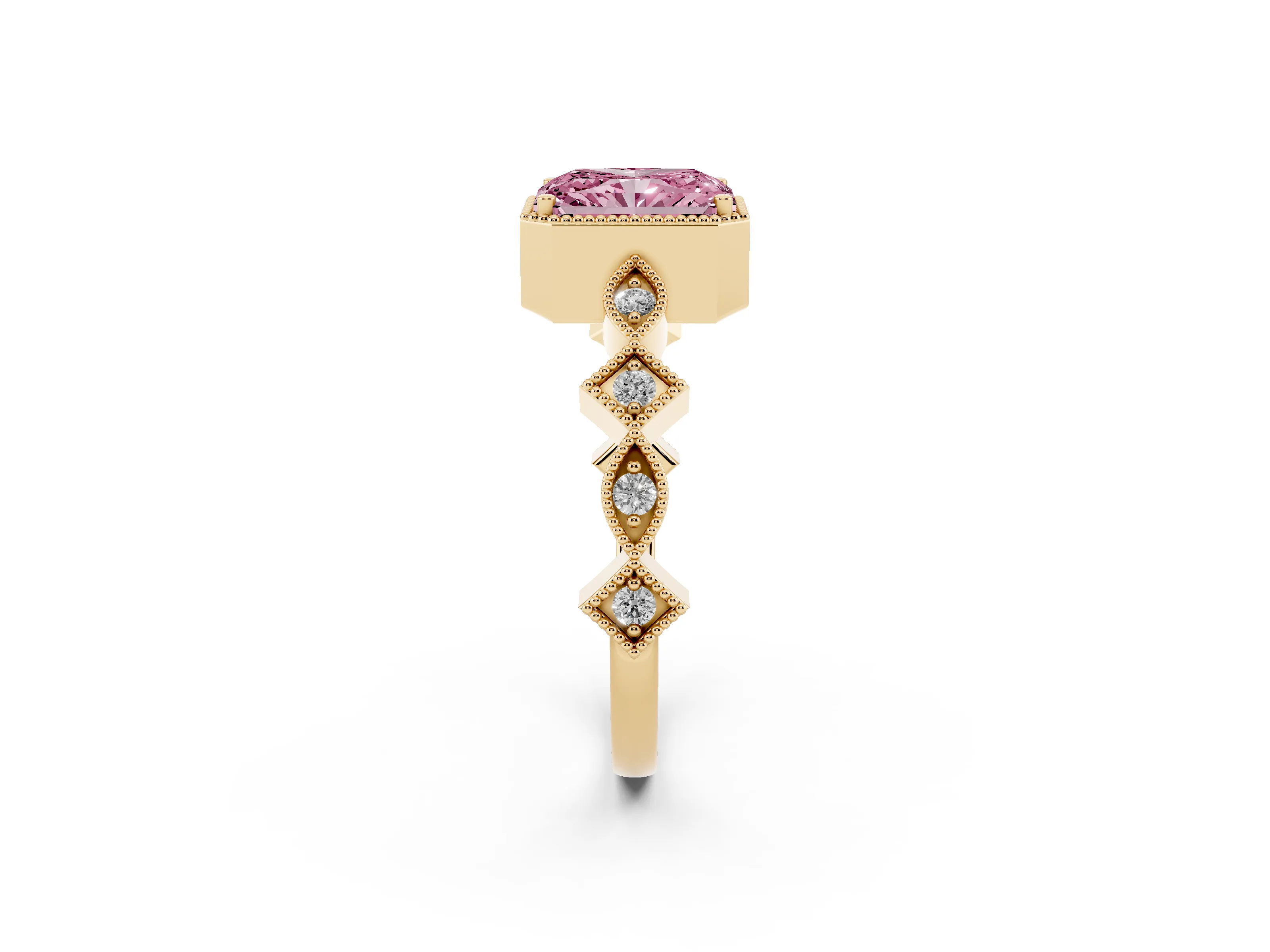 Fancy Pink Radiant Cut Diamond Milgrain Marquise Twist Band Ring Set in Yellow gold with Prong Setting