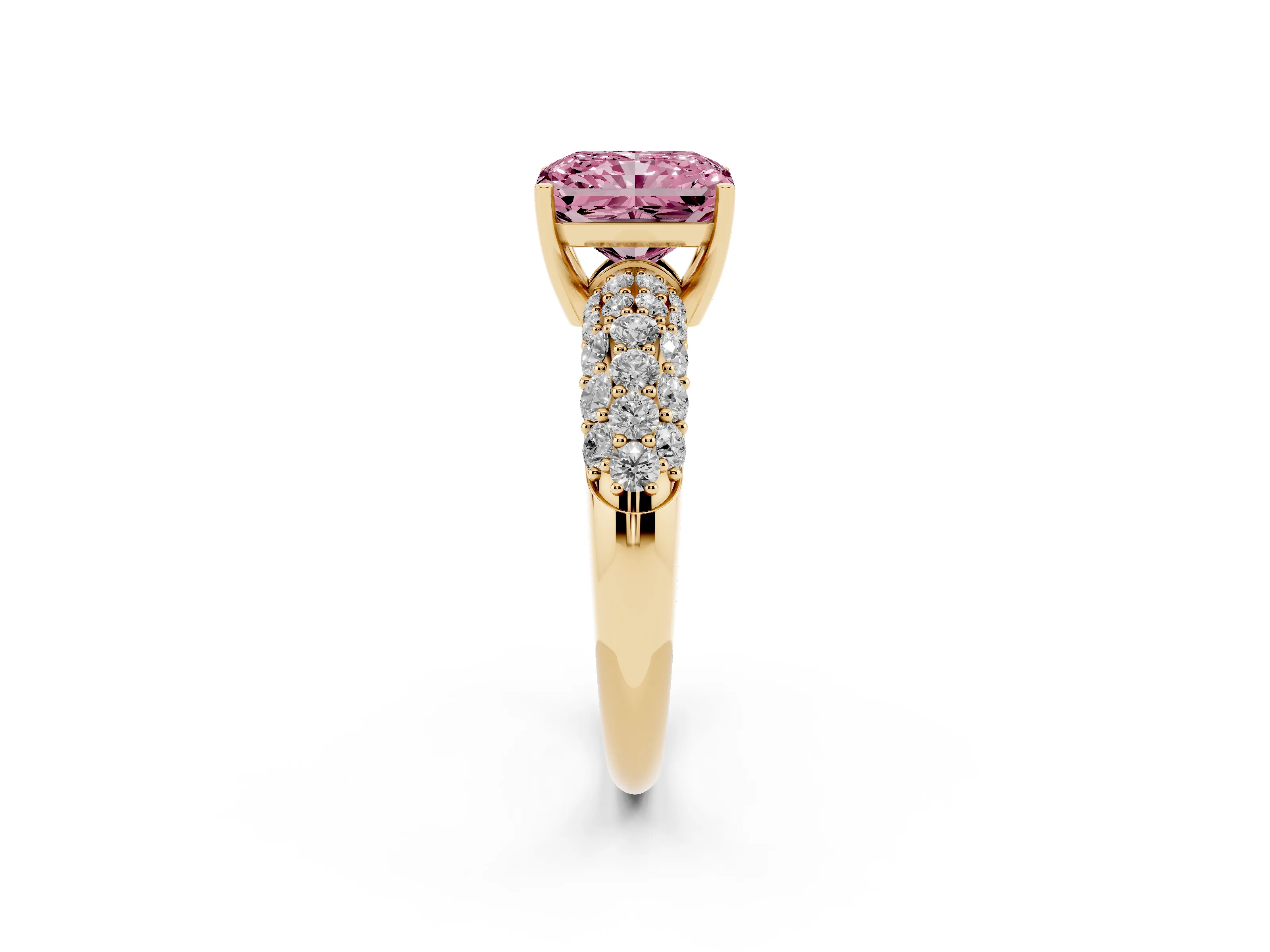 Fancy Pink Radiant Cut Diamond Pavé Band Solitaire Ring Set in Yellow gold with Close-Set Accent Stones and Prong Setting