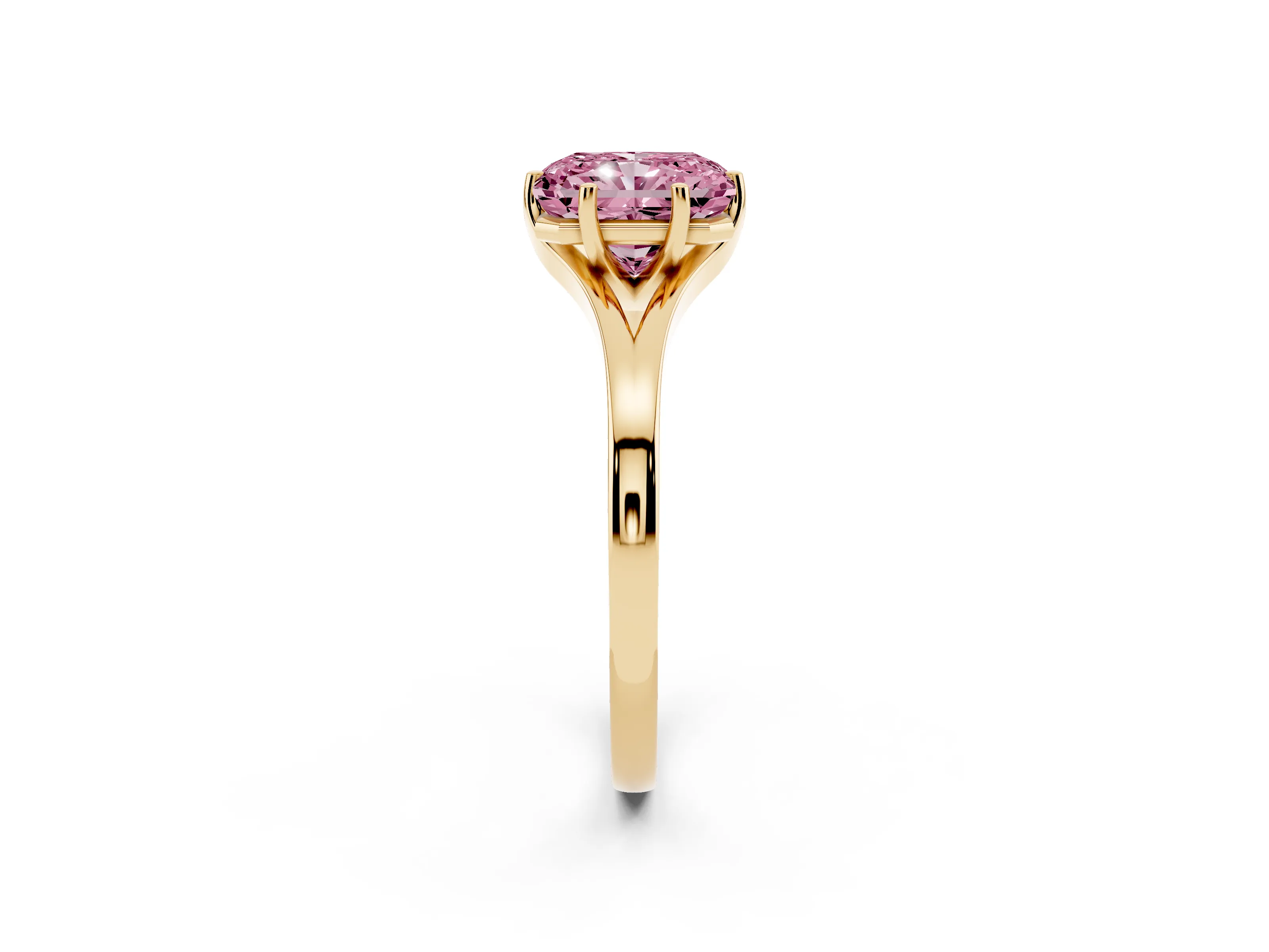Fancy Pink Radiant Cut Diamond Solitaire Ring Set in Yellow gold with Polished Tapered Band and Prong Setting