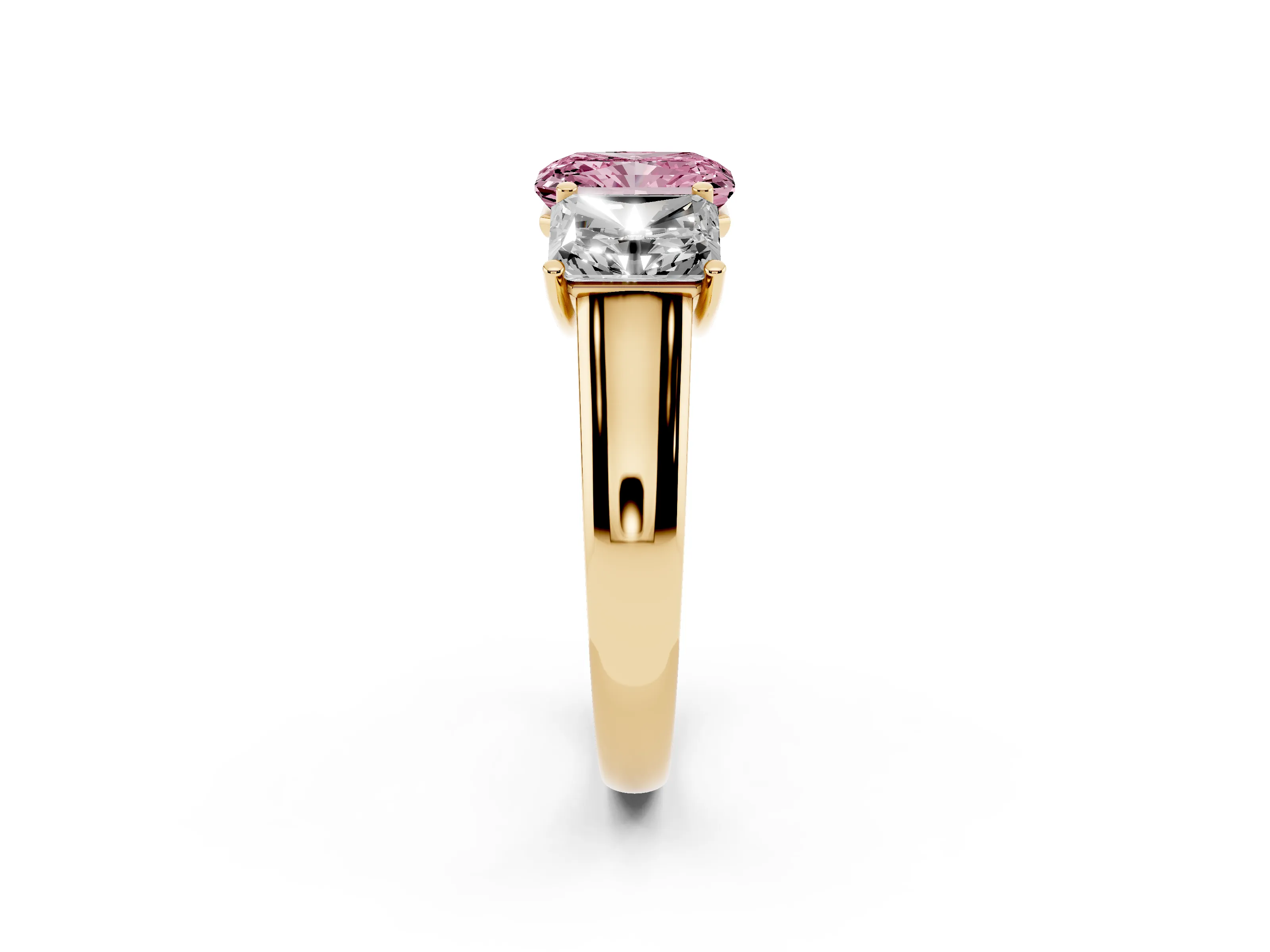 Fancy Pink Radiant Cut Diamond Three-Stone Ring Set in Yellow gold with Plain Polished Band