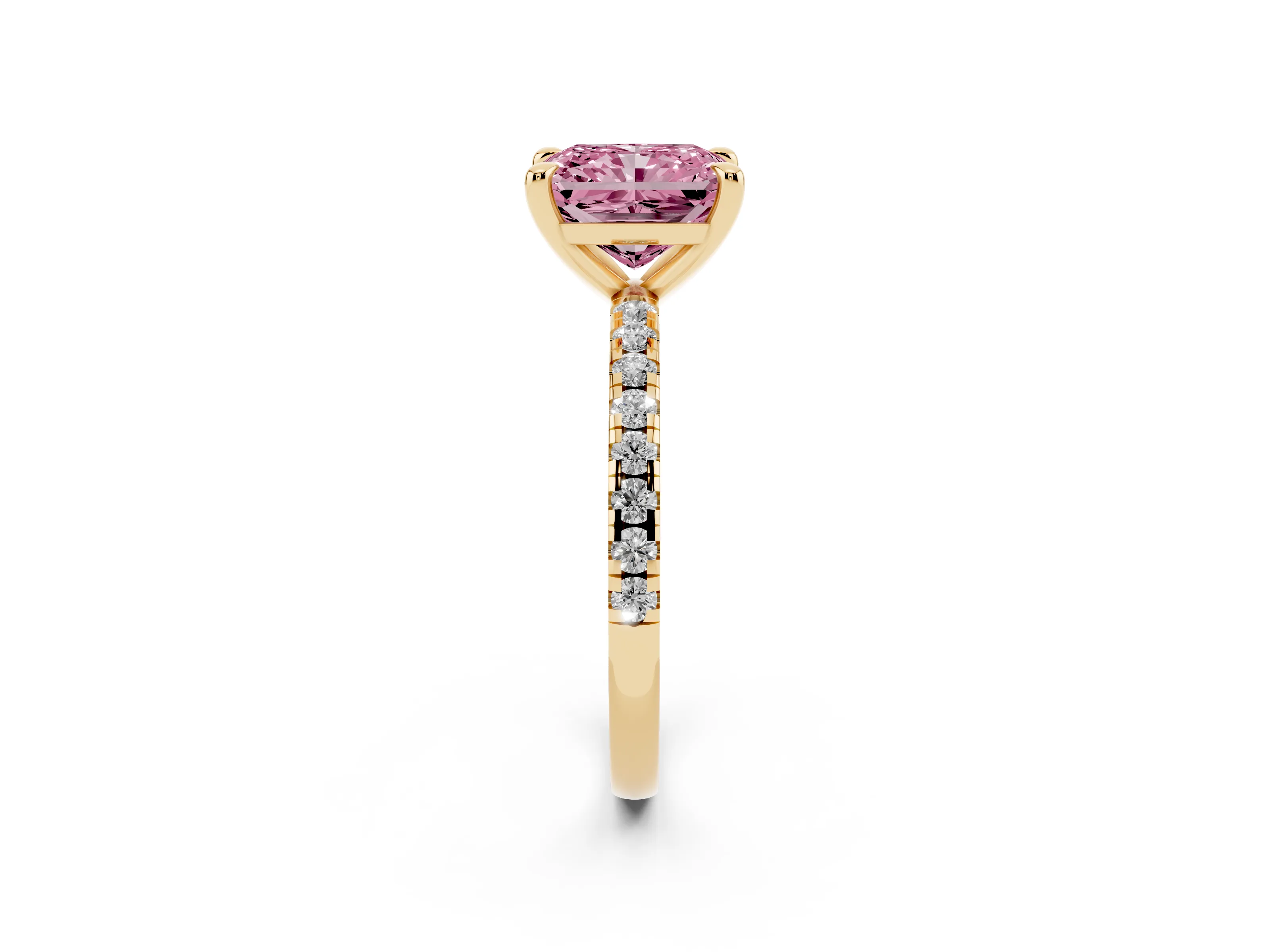 Fancy Pink Radiant Cut Diamond Brilliant Solitaire Ring Set in Yellow gold with Pavé Band and Prong Setting