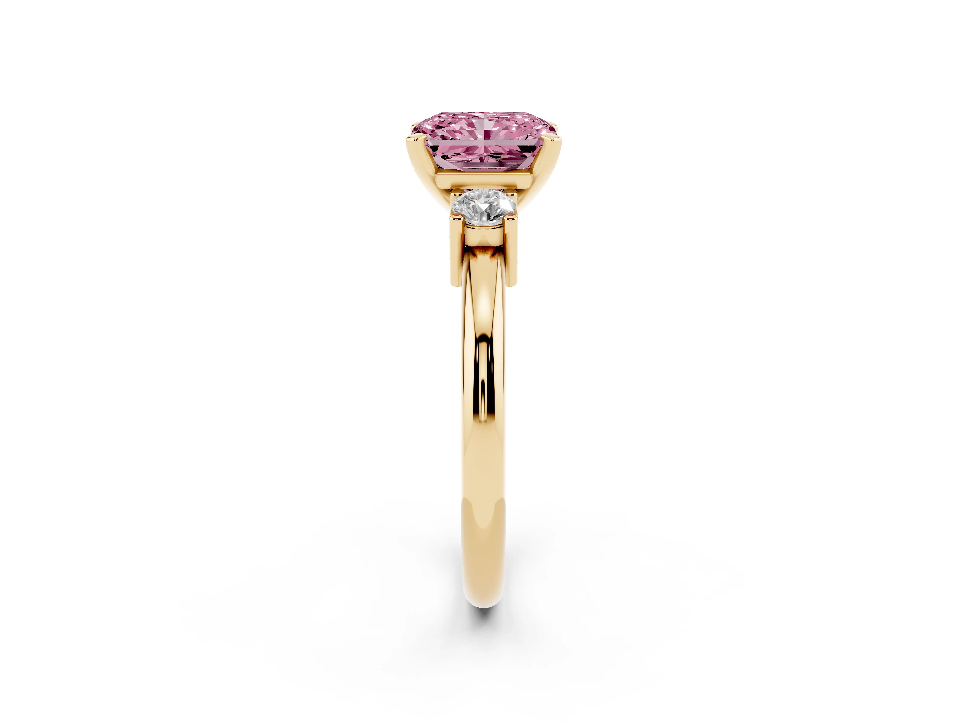 Fancy Pink Three-Stone Radiant Cut Diamond Ring Set in Yellow gold with Prong Setting and Plain Band