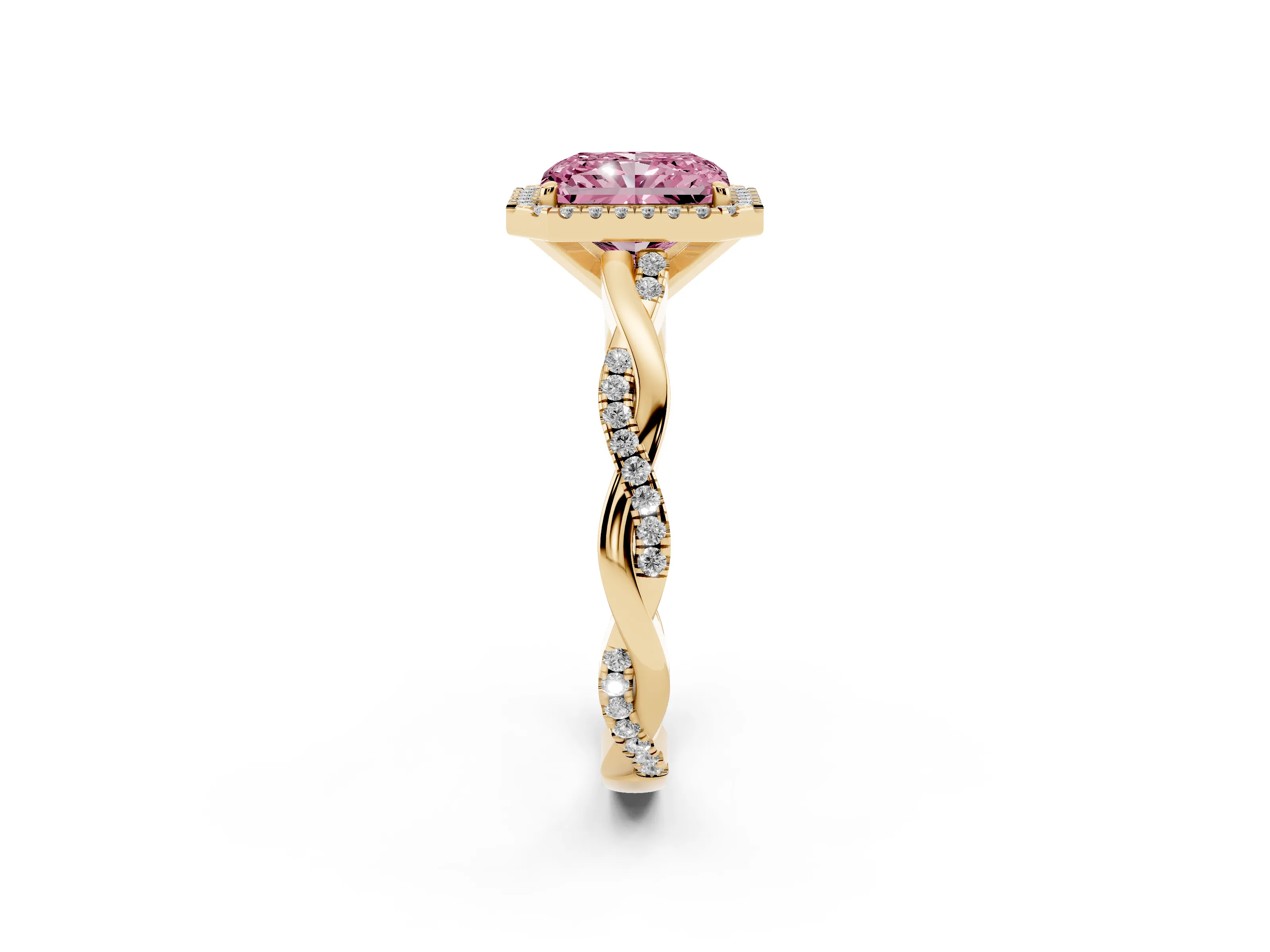 Fancy Pink Radiant Cut Diamond Halo Twisted Band Ring Set in Yellow gold with Prong Setting