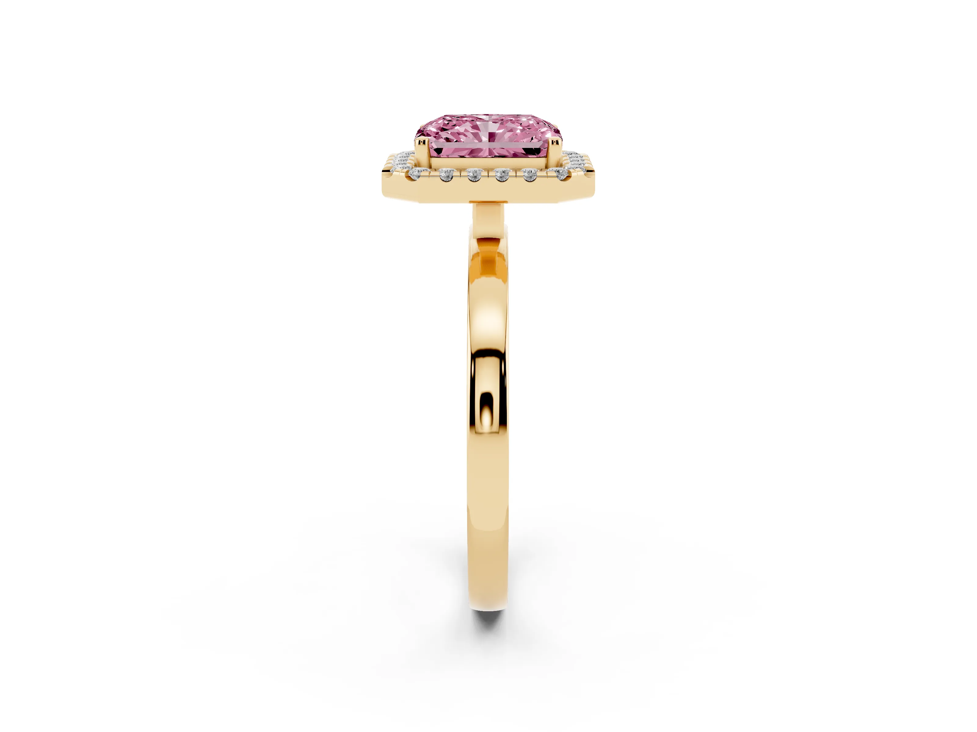 Fancy Pink Radiant Cut Diamond Halo Solitaire Ring Set in Yellow gold with Pavé Band and Prong Setting