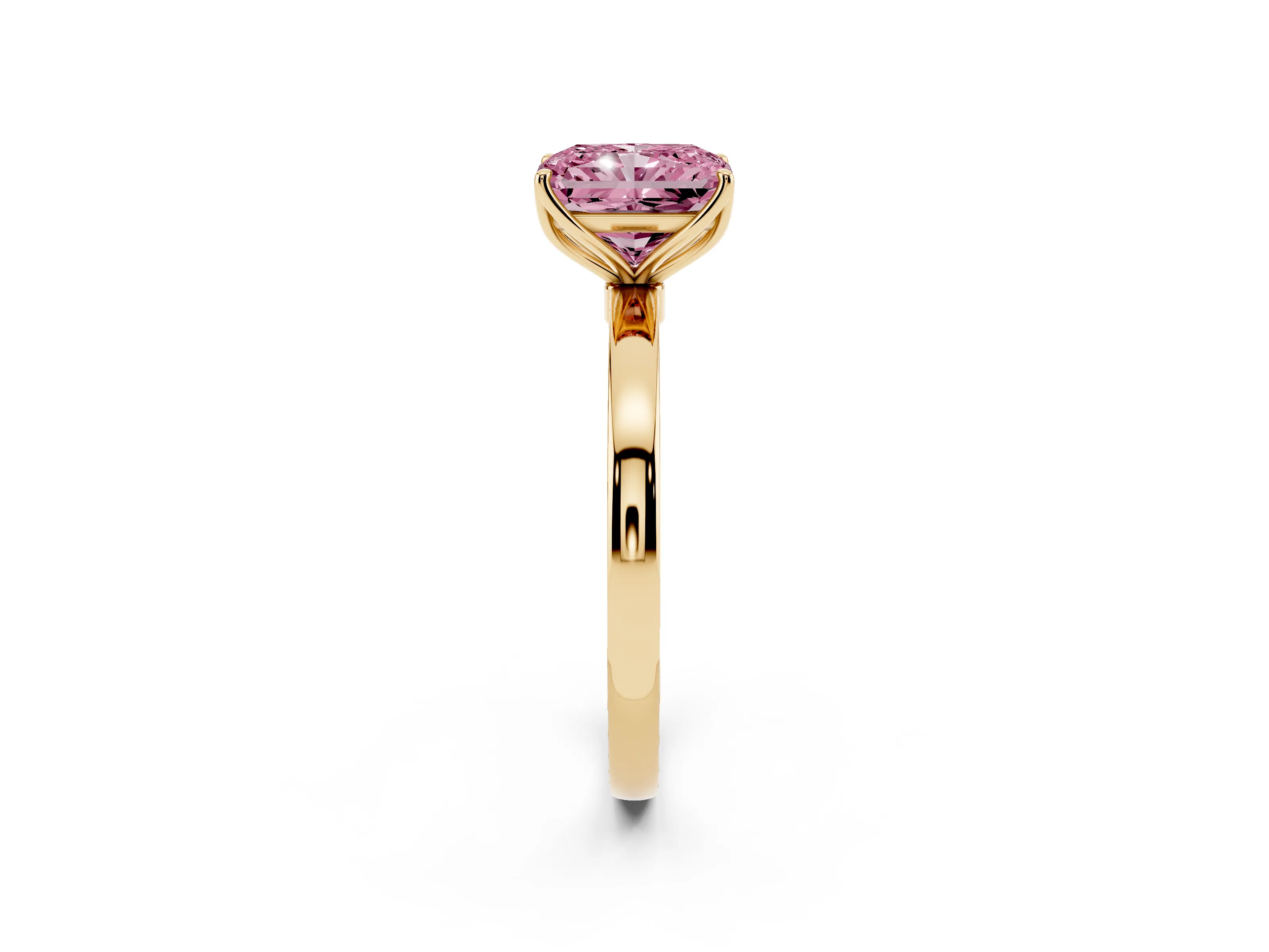 Fancy Pink Radiant Cut Diamond Solitaire Ring Set in Yellow gold with Prong Setting and Thin Polished Band