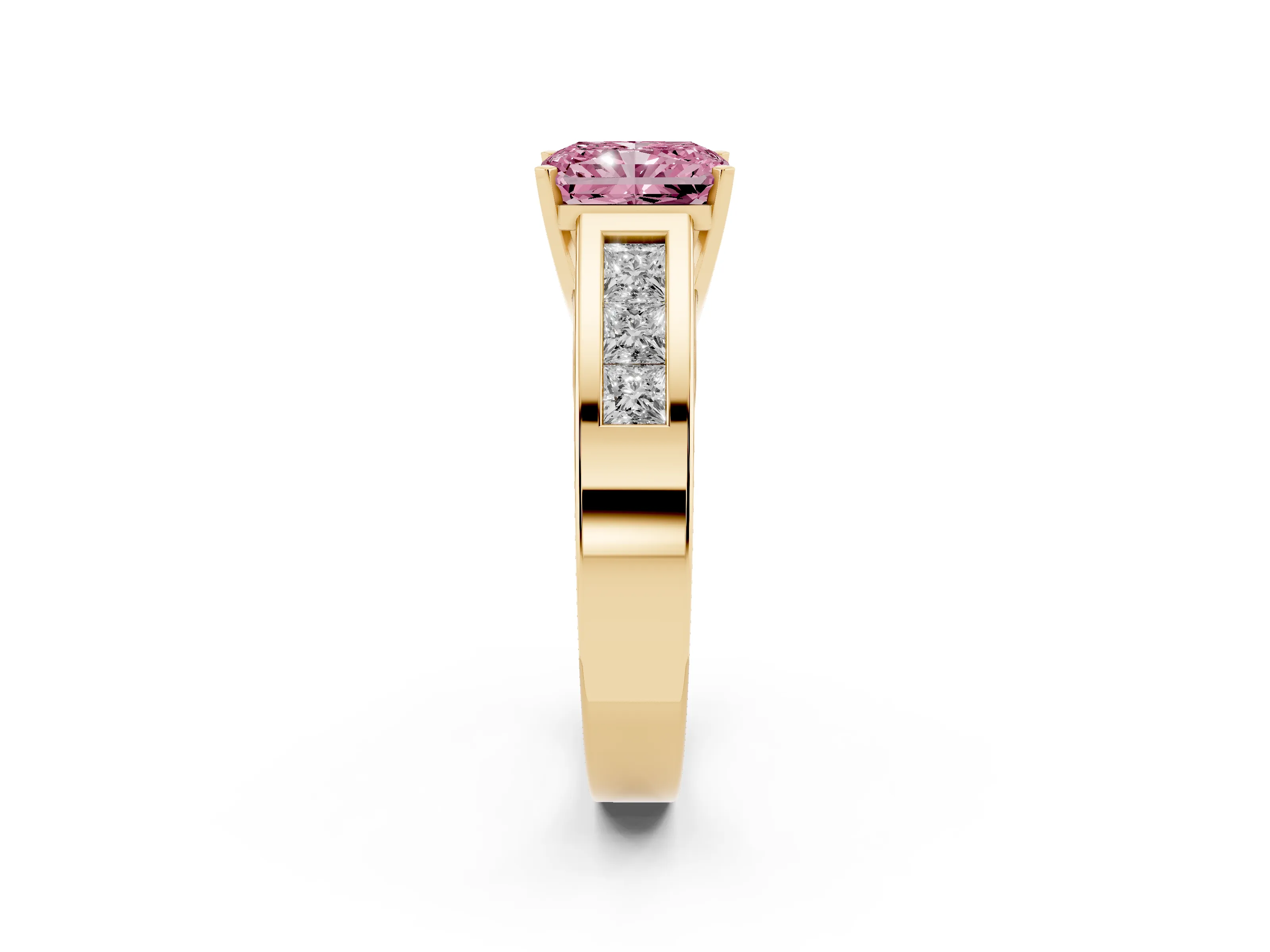 Fancy Pink Radiant Cut Diamond Solitaire Ring Set in Yellow gold with Channel-Set Accent Stones and Prong Setting