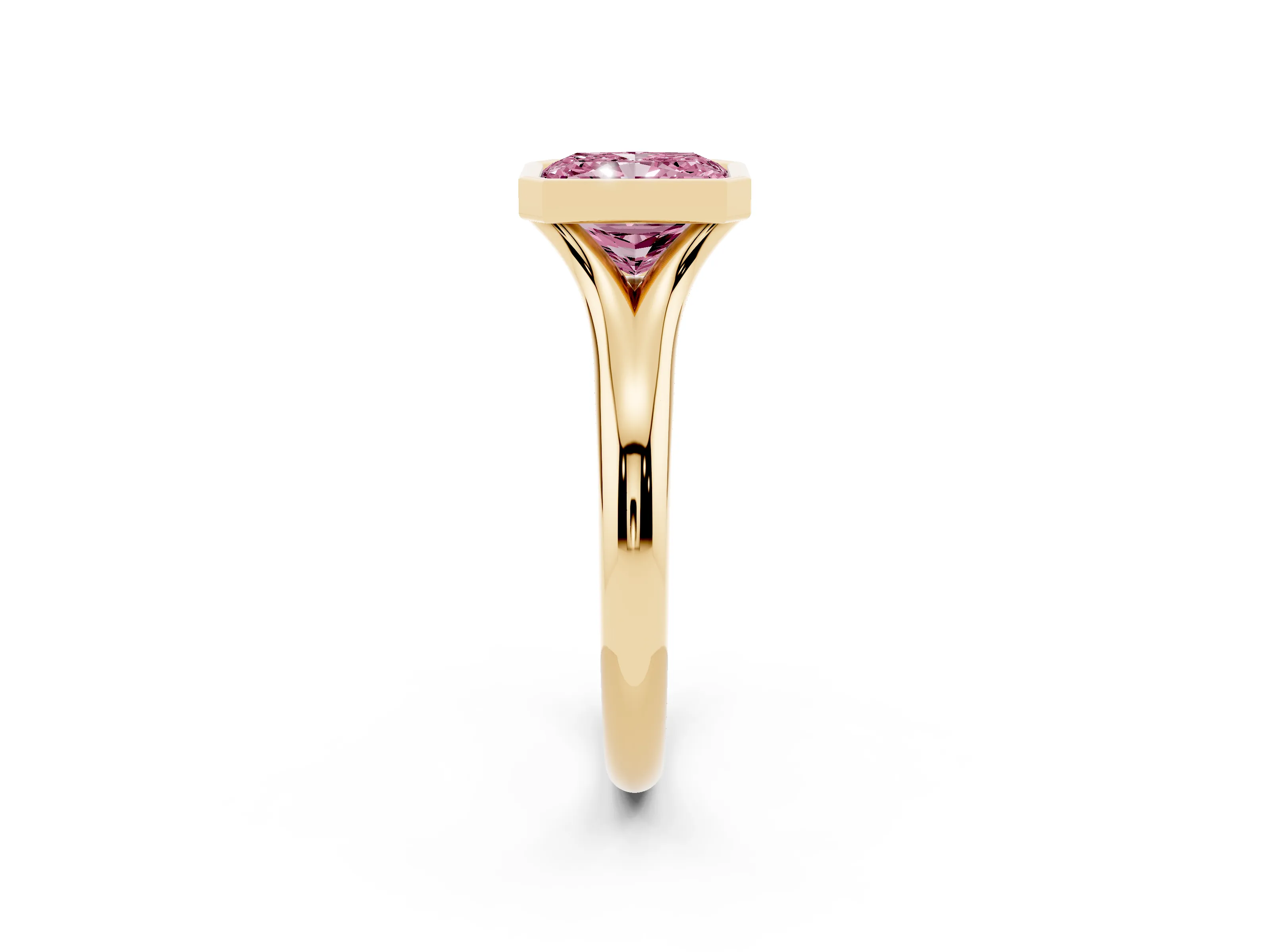 Fancy Pink Bezel Set Radiant Cut Diamond Solitaire Ring Set in Yellow gold with Smooth Band