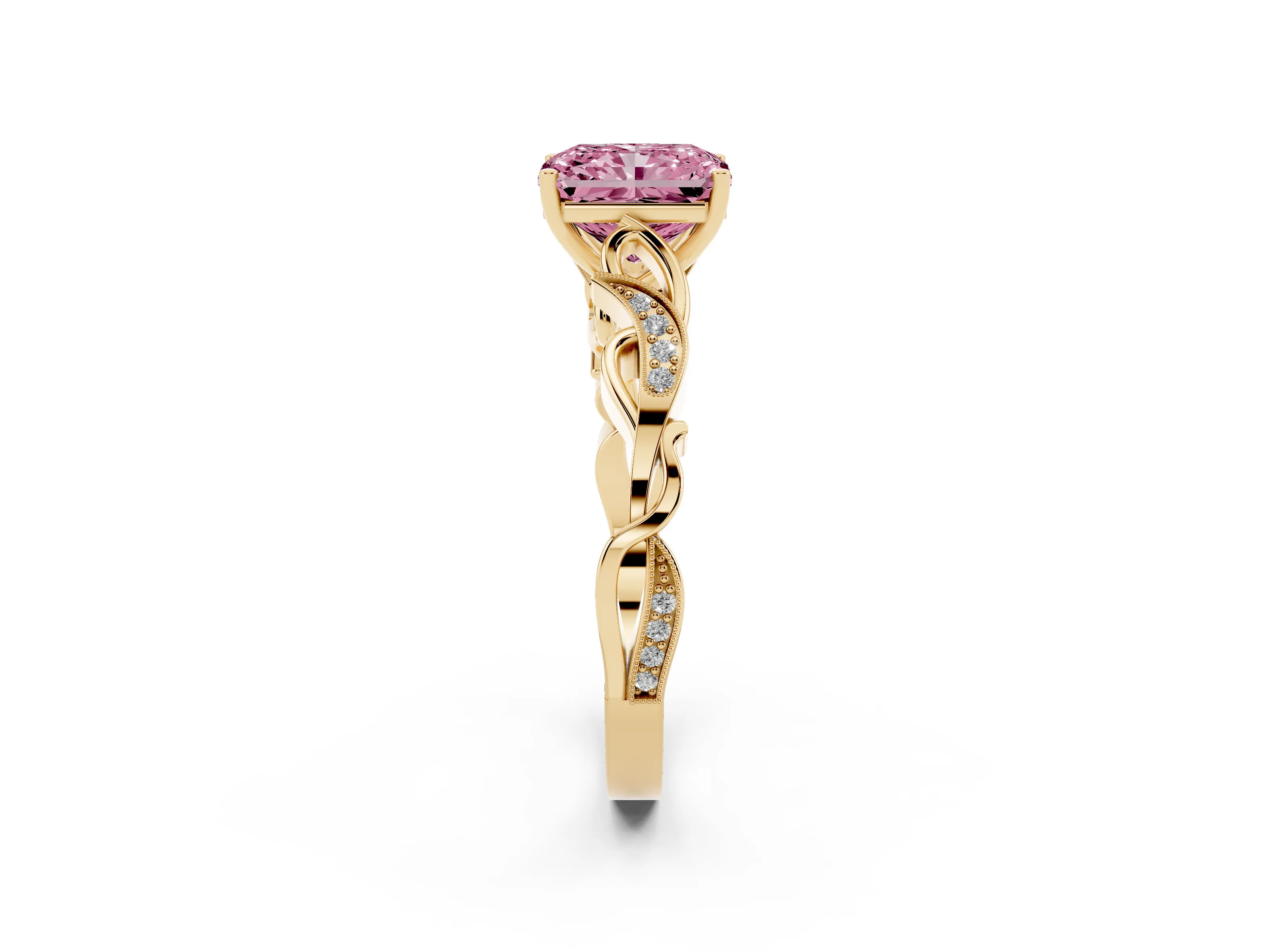 Fancy Pink Radiant Cut Diamond Vine Band Solitaire Ring Set in Yellow gold with Milgrain Prong Setting