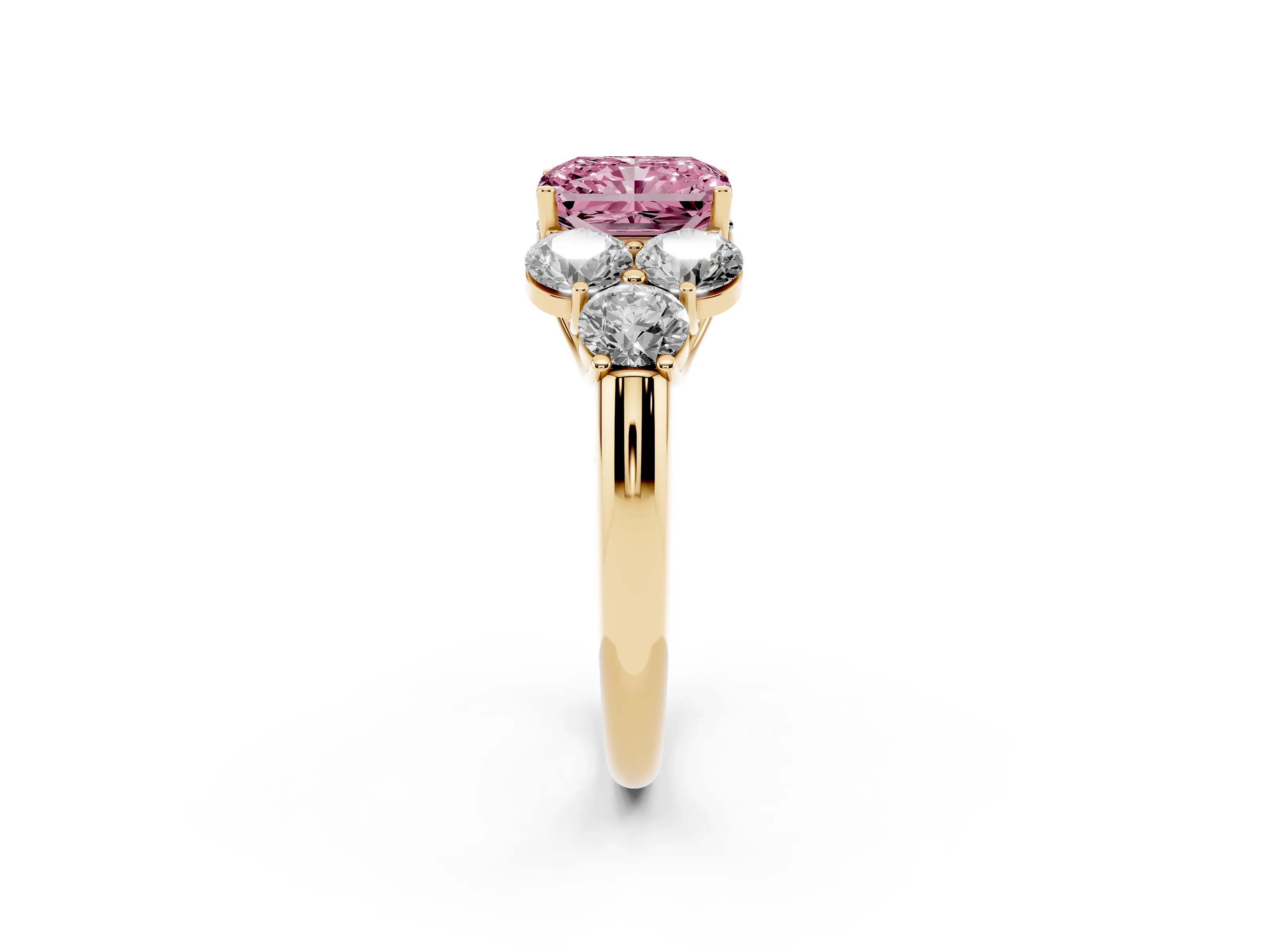 Fancy Pink Radiant Cut Diamond Cluster Ring Set in Yellow gold with Round Accent Stones and Prong Setting on a Plain Band