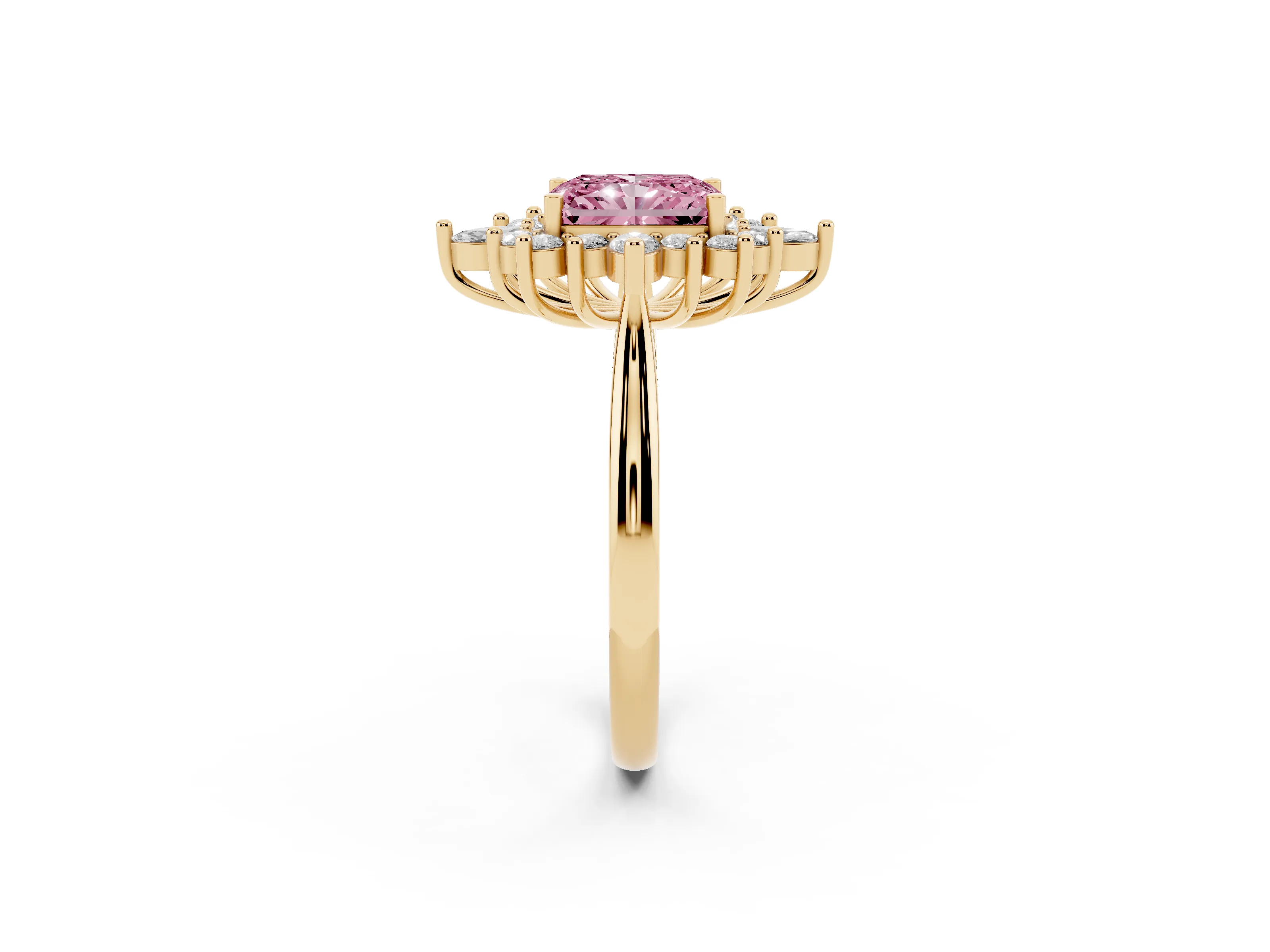 Fancy Pink Radiant Cut Diamond Cluster Halo Ring Set in Yellow gold with Marquise and Round Accents