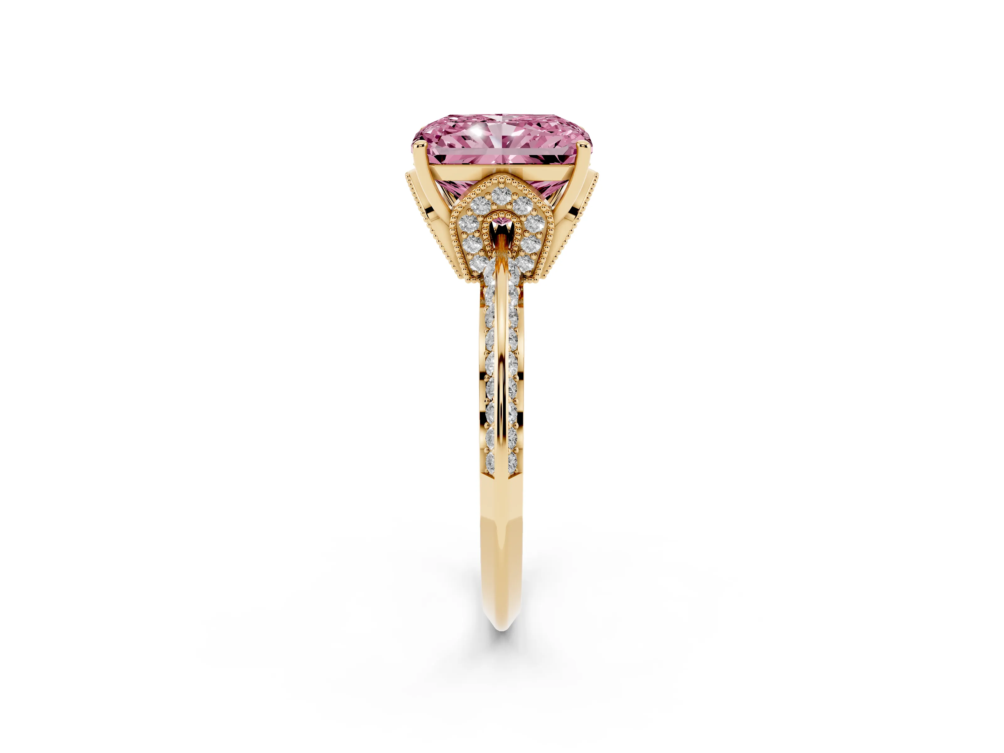 Fancy Pink Radiant Cut Diamond Solitaire Engagement Ring Set in Yellow gold with Pavé Split Shank and Prong Setting