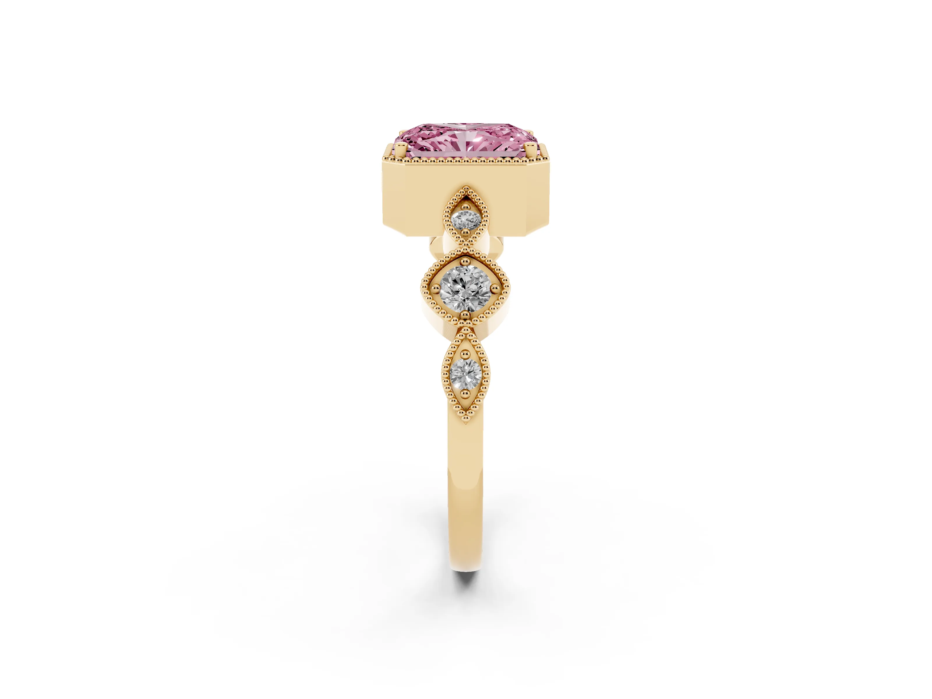 Fancy Pink Radiant Cut Diamond Vintage-Inspired Milgrain Ring Set in Yellow gold with Marquise Stations of Round Accents