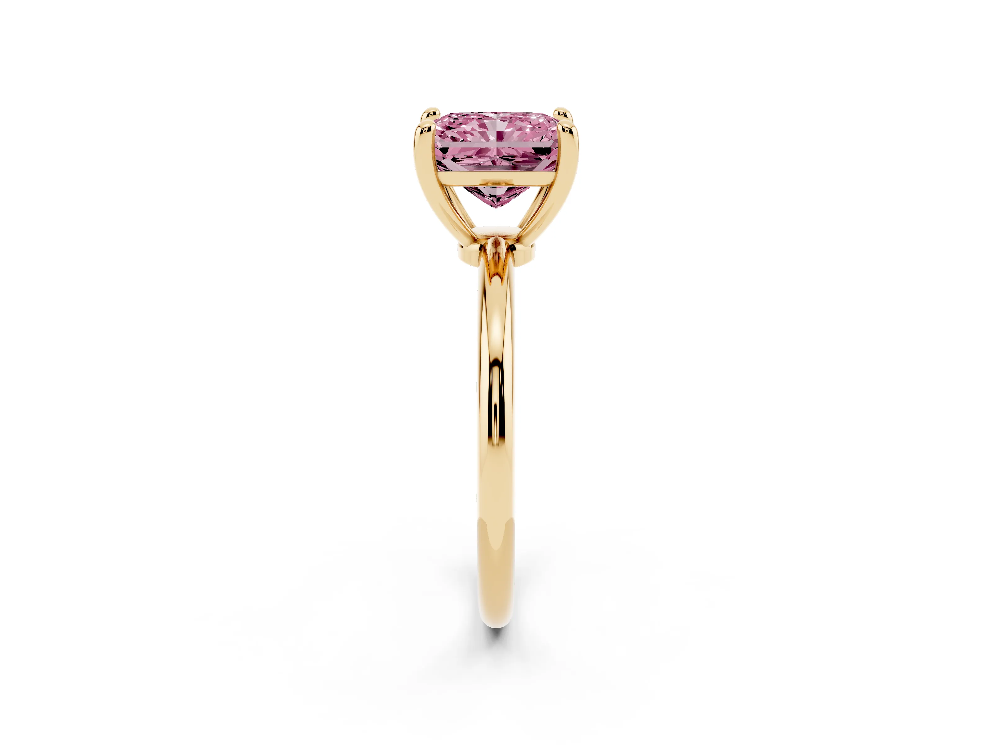 Fancy Pink Radiant Cut Diamond Solitaire Ring Set in Yellow gold with Secure Prong Setting on a Classic Band