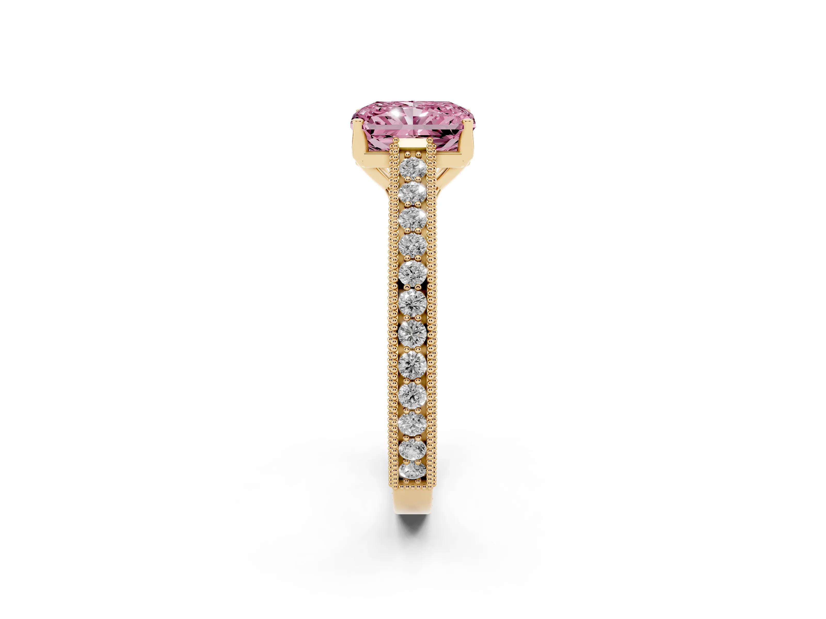 Fancy Pink Radiant Cut Diamond Milgrain Pavé Band Solitaire Ring Set in Yellow gold with Prong Setting