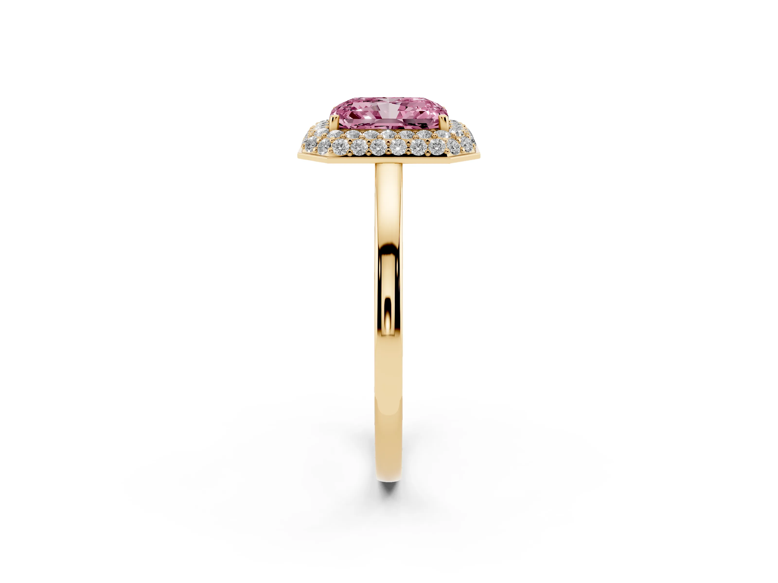 Fancy Pink Radiant Cut Diamond Halo Engagement Ring Set in Yellow gold with Solitaire Band and Prong Setting