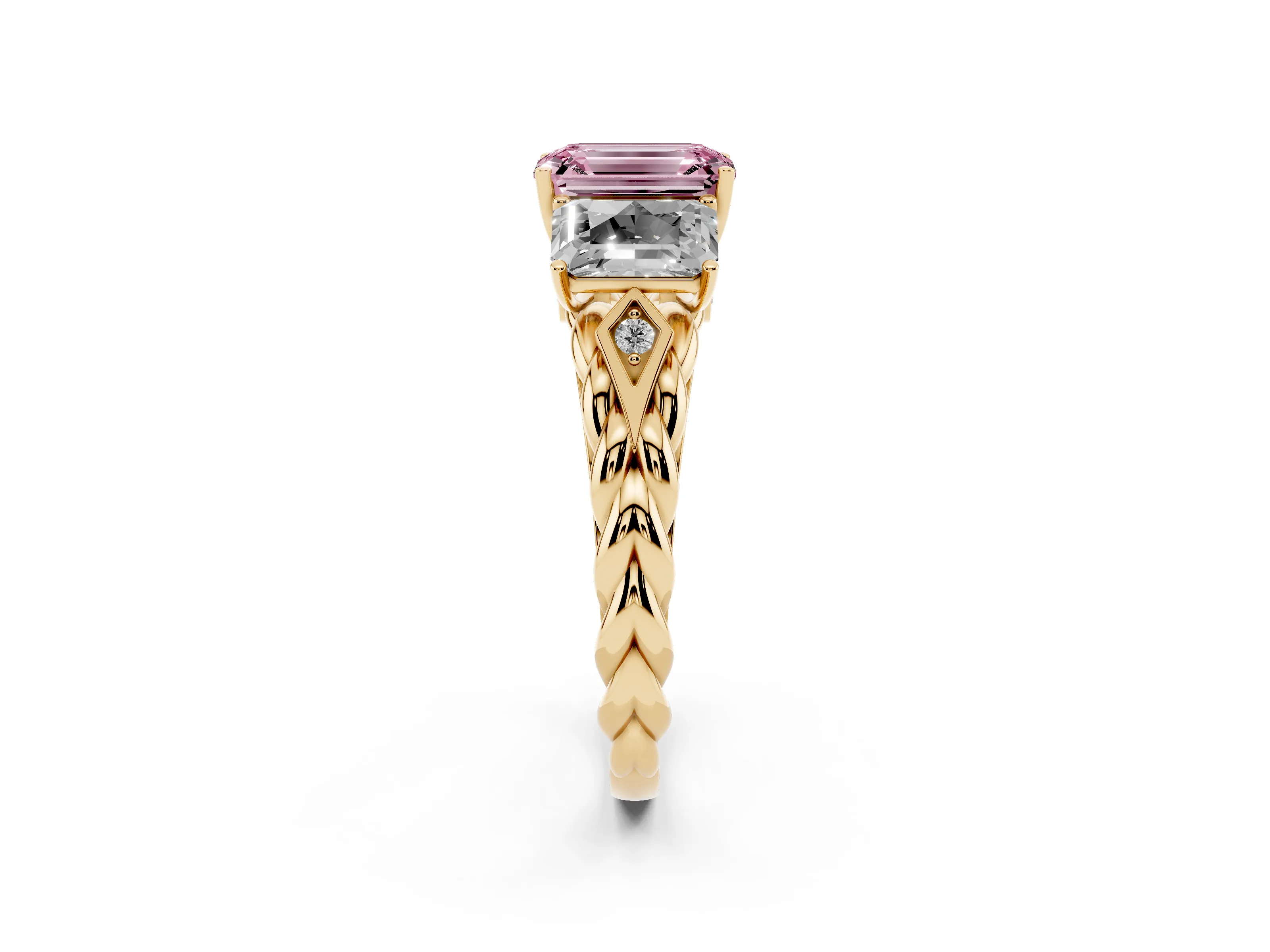 Fancy Pink Radiant Cut Diamond Three-Stone Ring Set in Yellow gold with Braided Band