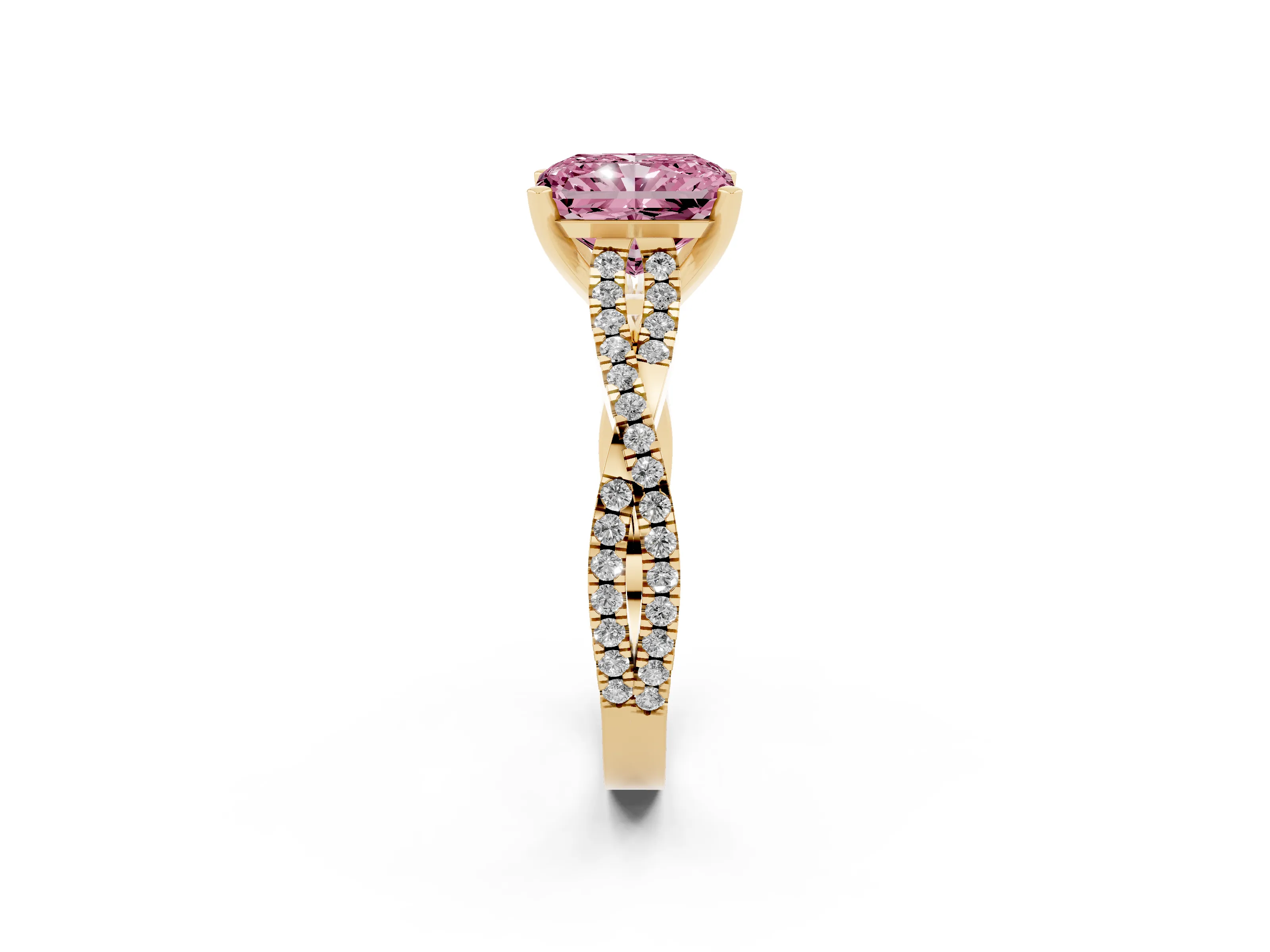 Fancy Pink Radiant Cut Diamond Solitaire Engagement Ring Set in Yellow gold with Twisted Pavé Band and Prong Setting