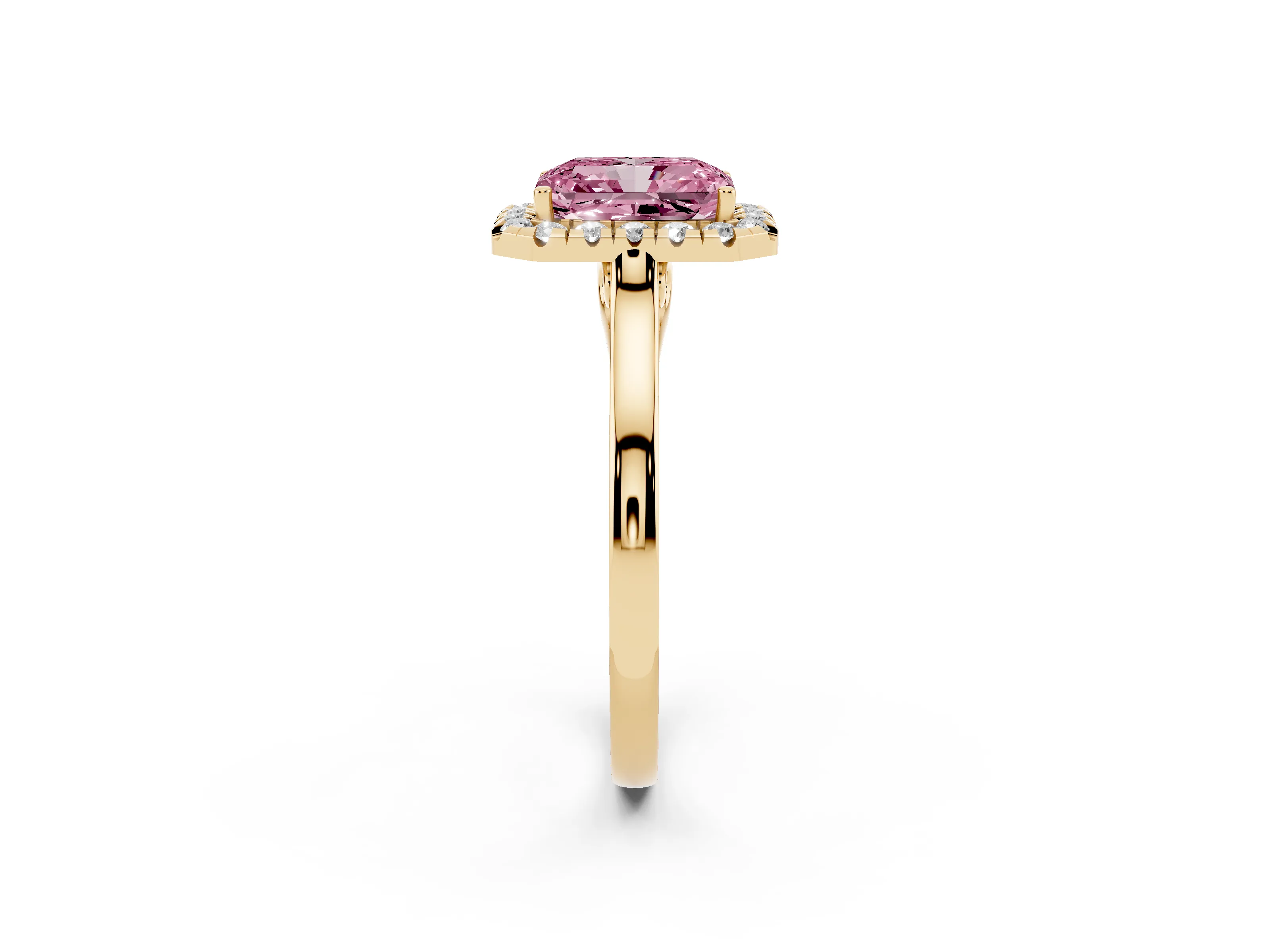 Fancy Pink Radiant Cut Halo Round Diamond Solitaire Ring Set in Yellow gold with Pavé Band and Prong Setting