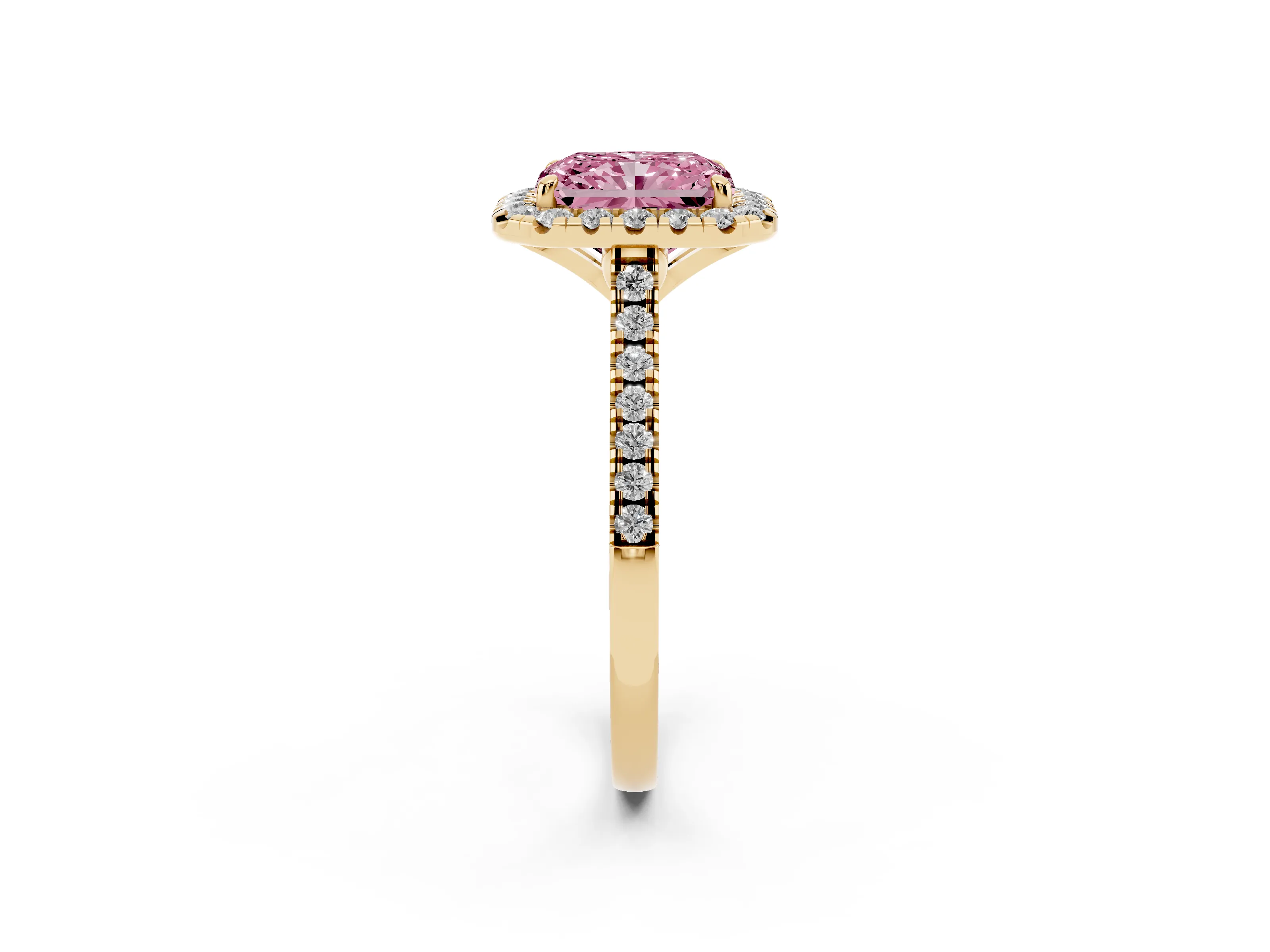 Fancy Pink Radiant Cut Diamond Cushion Halo Ring Set in Yellow gold with Pavé Band
