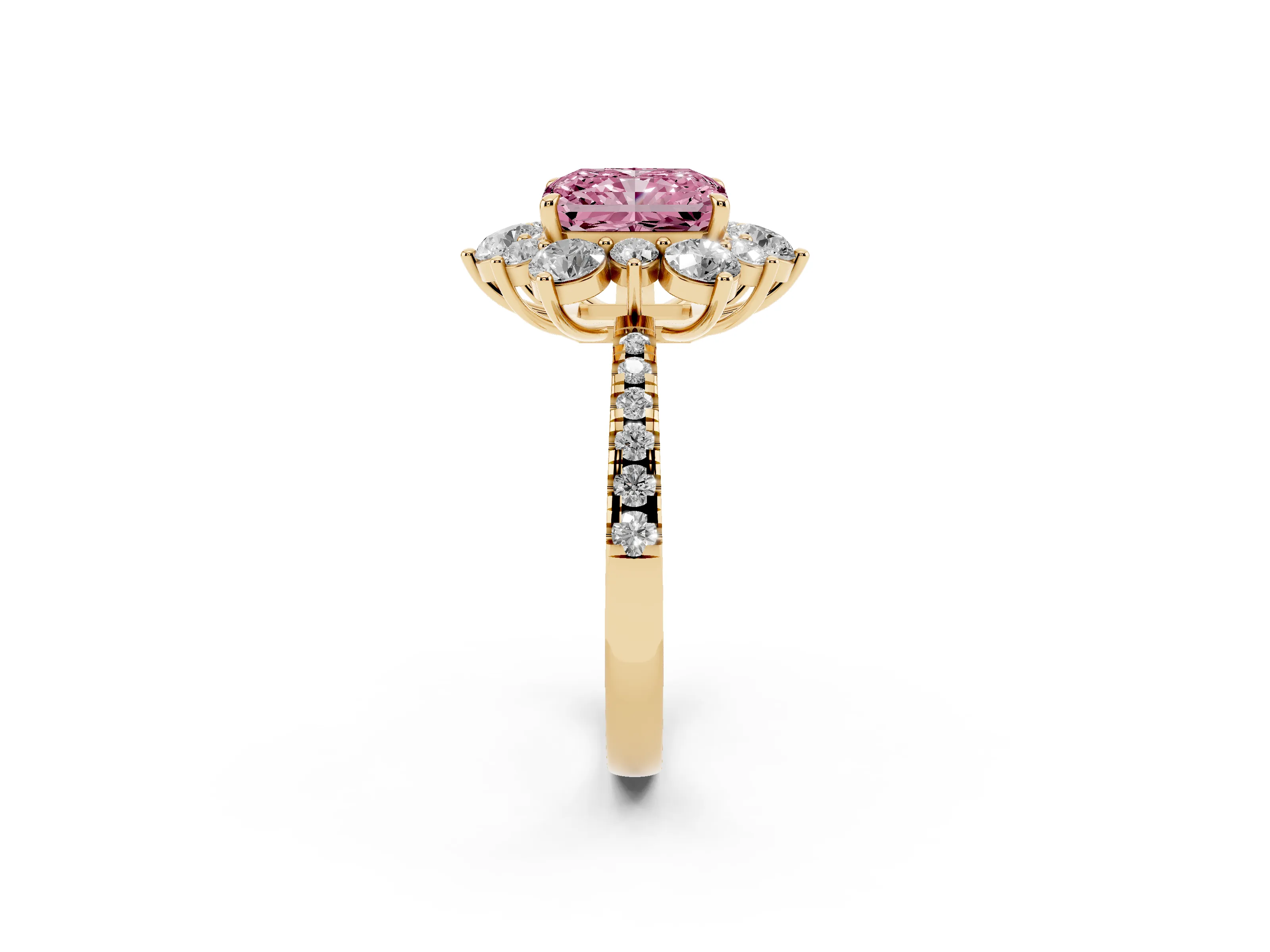 Fancy Pink Radiant Cut Diamond Floral Halo Ring Set in Yellow gold with Round Pavé Band and Prong Setting