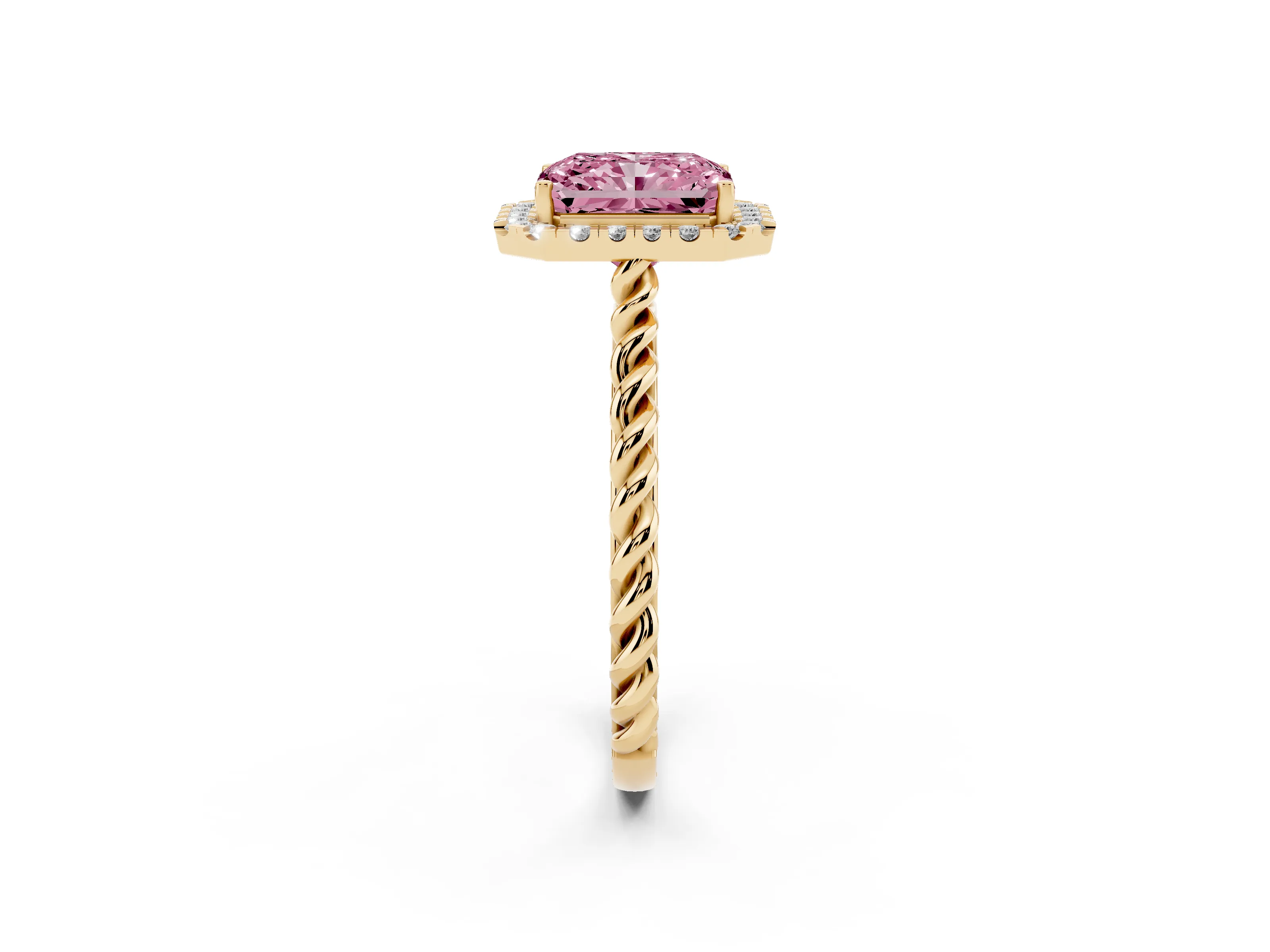 Fancy Pink Radiant Cut Diamond Halo Ring Set in Yellow gold with Plain Twisted Band