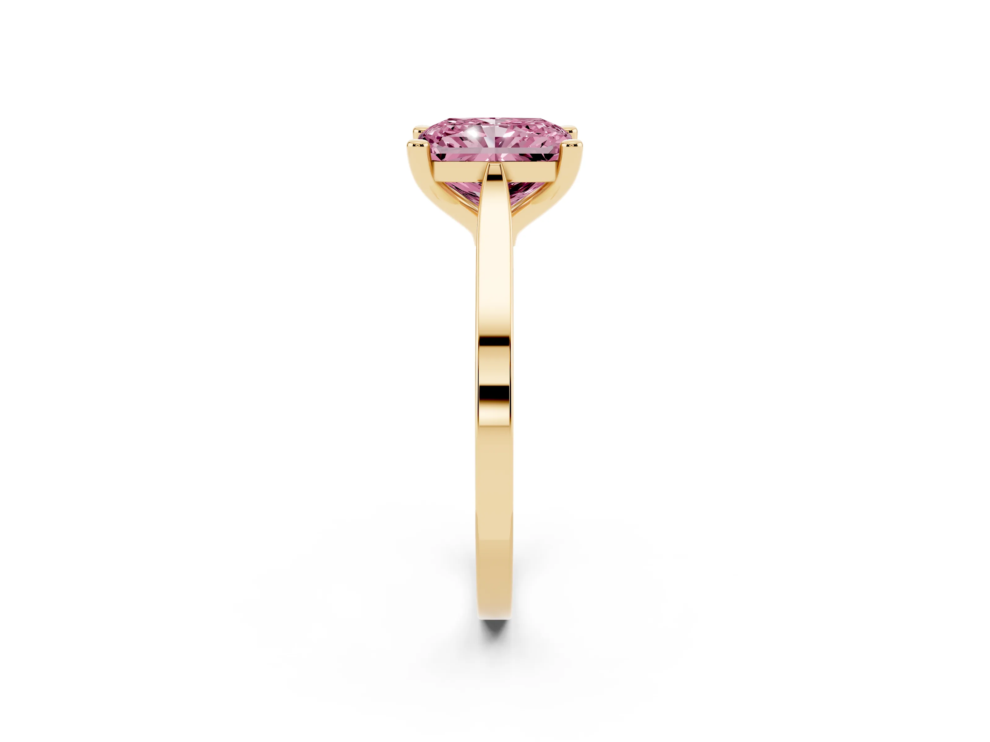 Fancy Pink Radiant Cut Diamond Solitaire Ring Set in Yellow gold with Prong Setting and Tapered Band