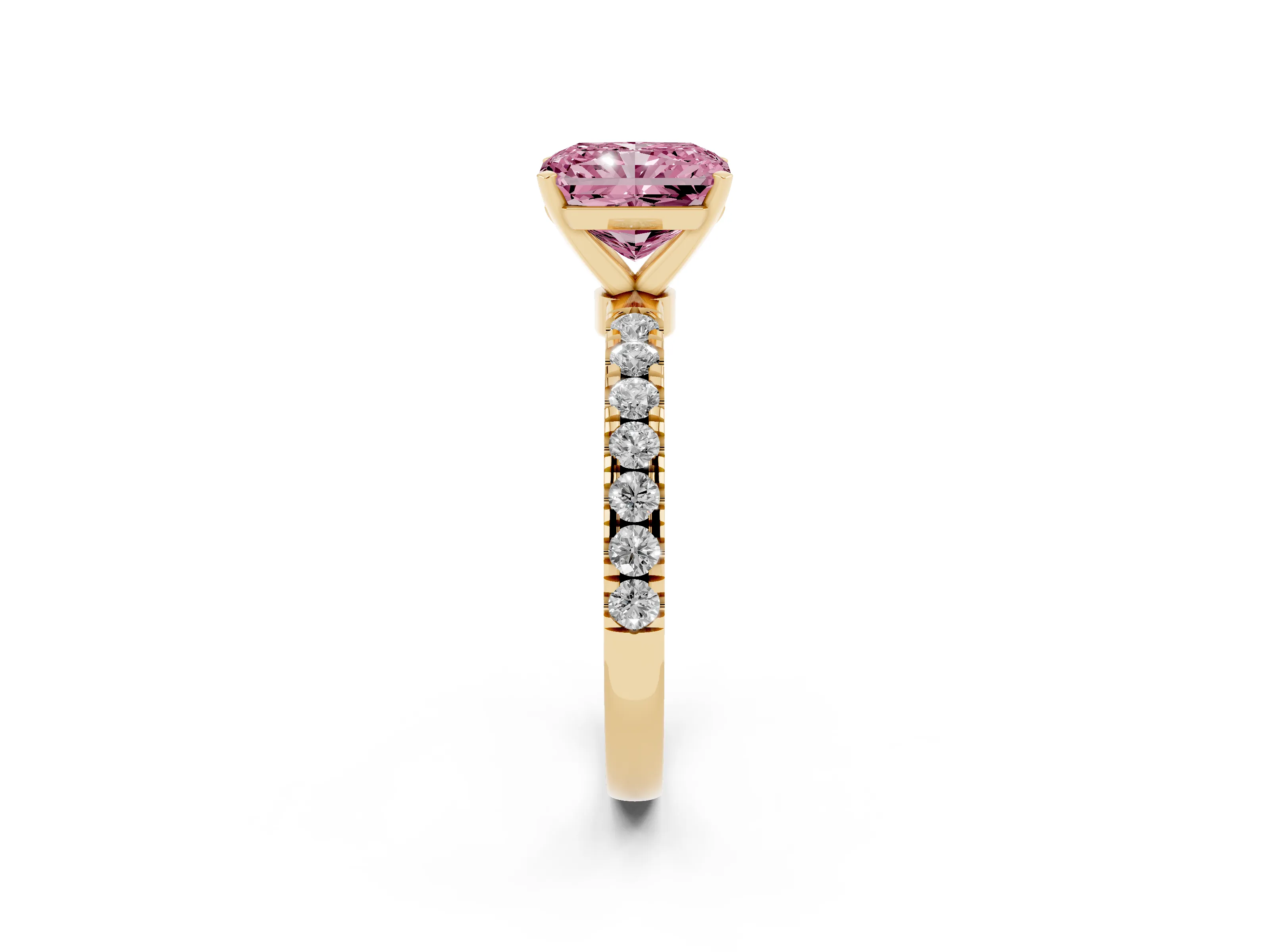 Fancy Pink Radiant Cut Diamond Solitaire Ring Set in Yellow gold with Pavé Accents and Prong Setting