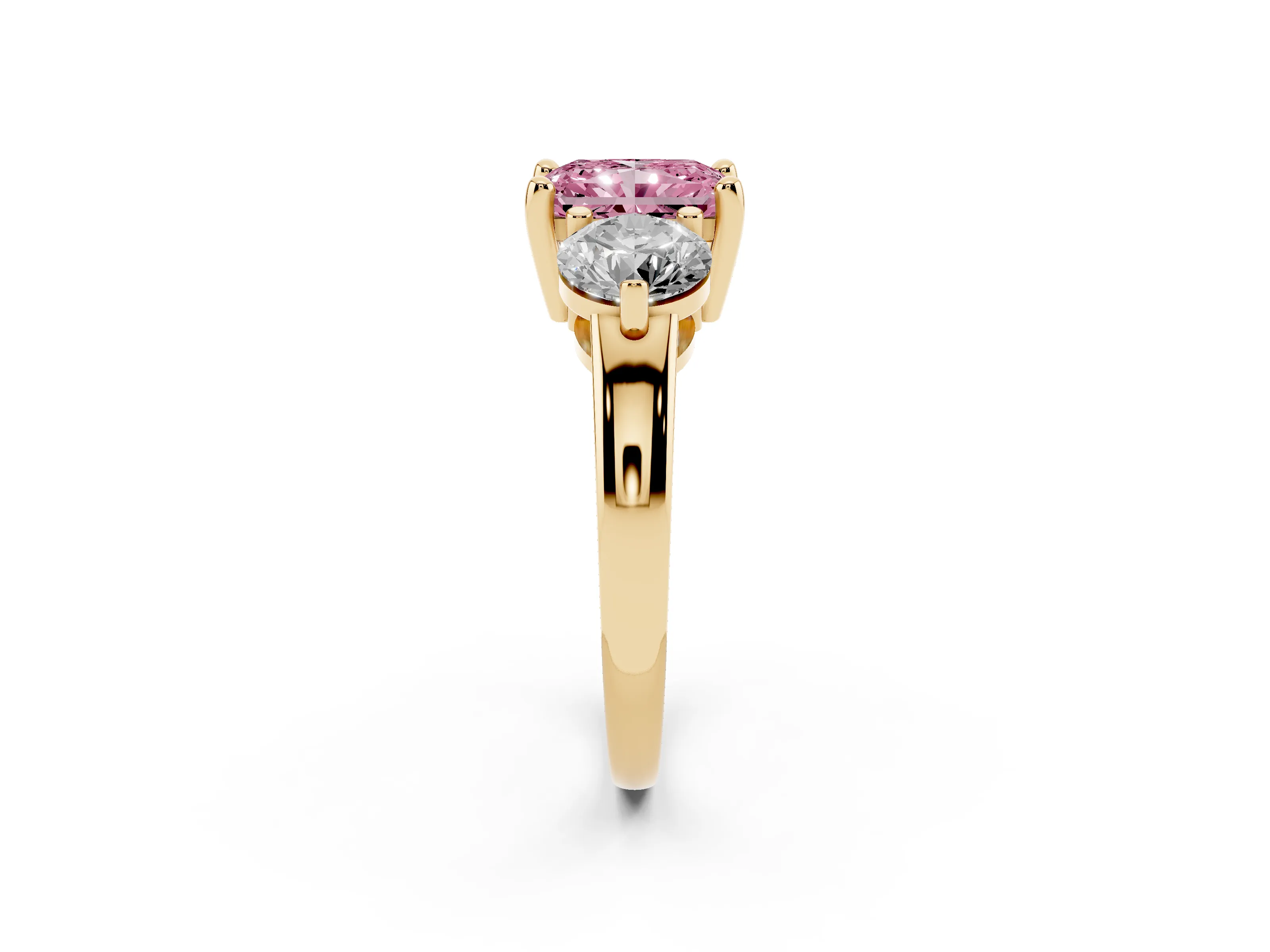 Fancy Pink Radiant Cut Diamond Three-Stone Ring Set in Yellow gold with Prong Setting and Classic Band