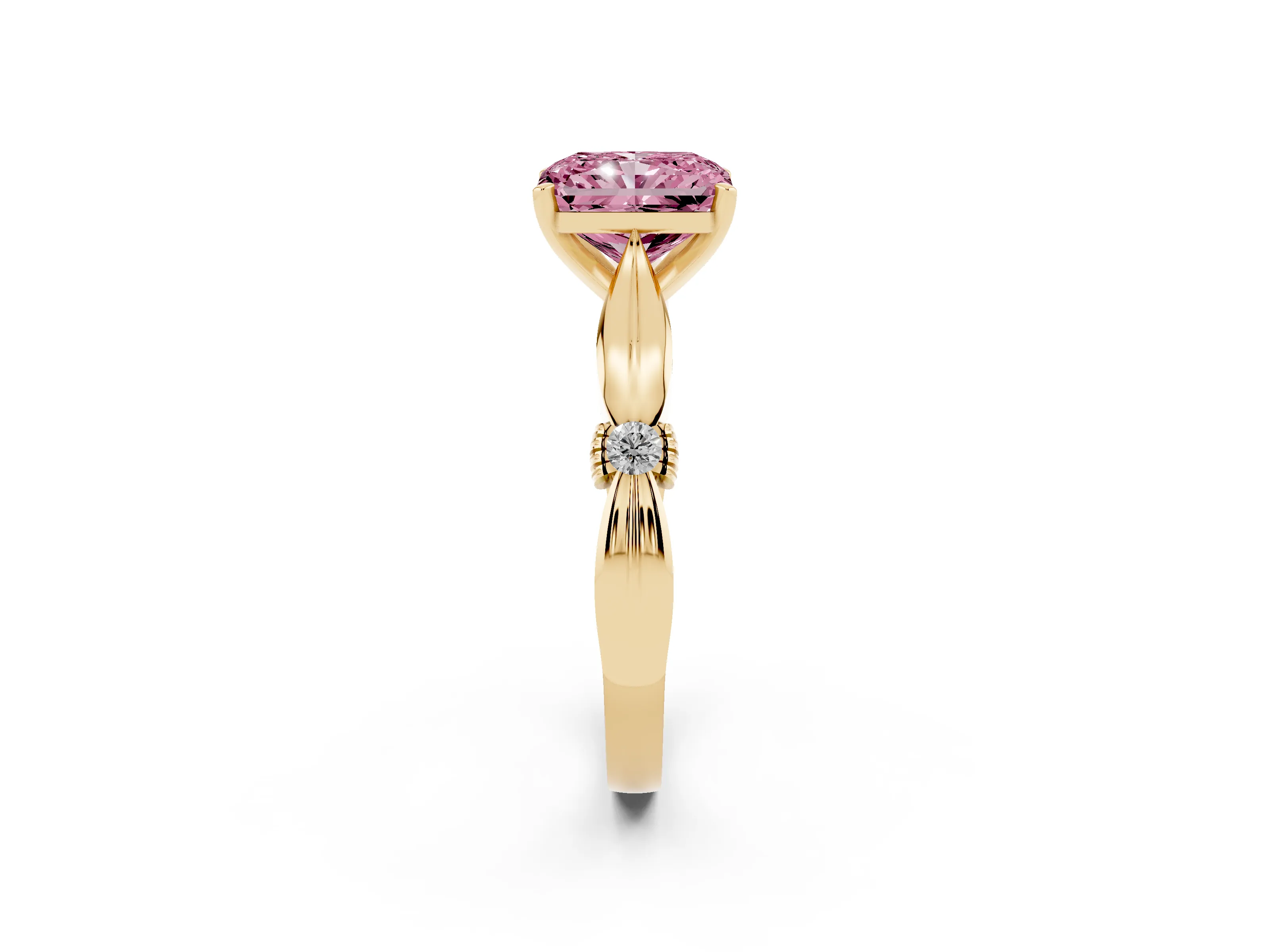 Fancy Pink Radiant Cut Diamond Solitaire Twisted Band Ring Set in Yellow gold with Accent Stones and Prong Setting