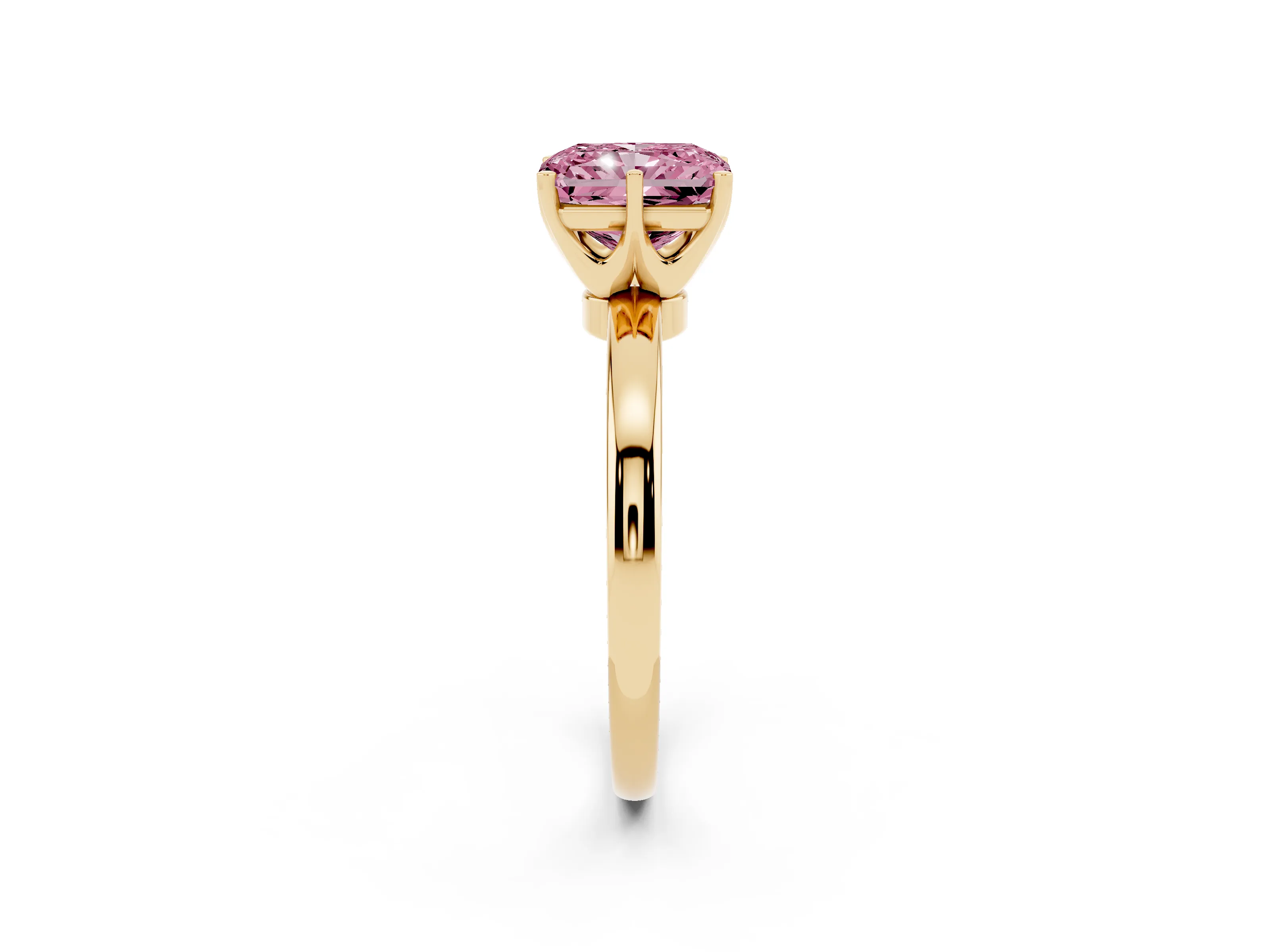 Fancy Pink Radiant Cut Diamond Solitaire Ring Set in Yellow gold with Raised Prong Setting on a Classic Band