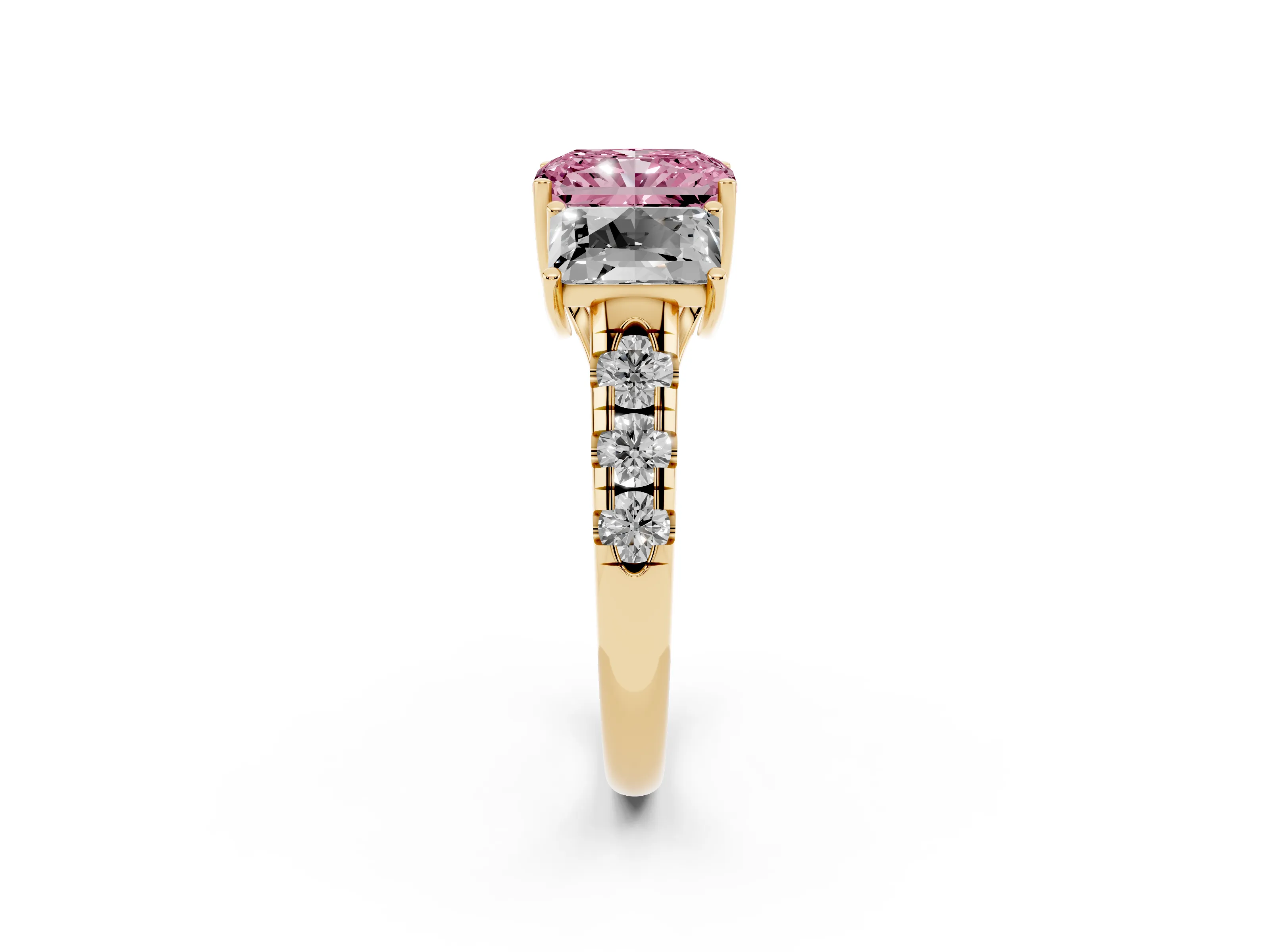 Fancy Pink Radiant Cut Diamond Three-Stone Ring Set in Yellow gold with Pavé Band