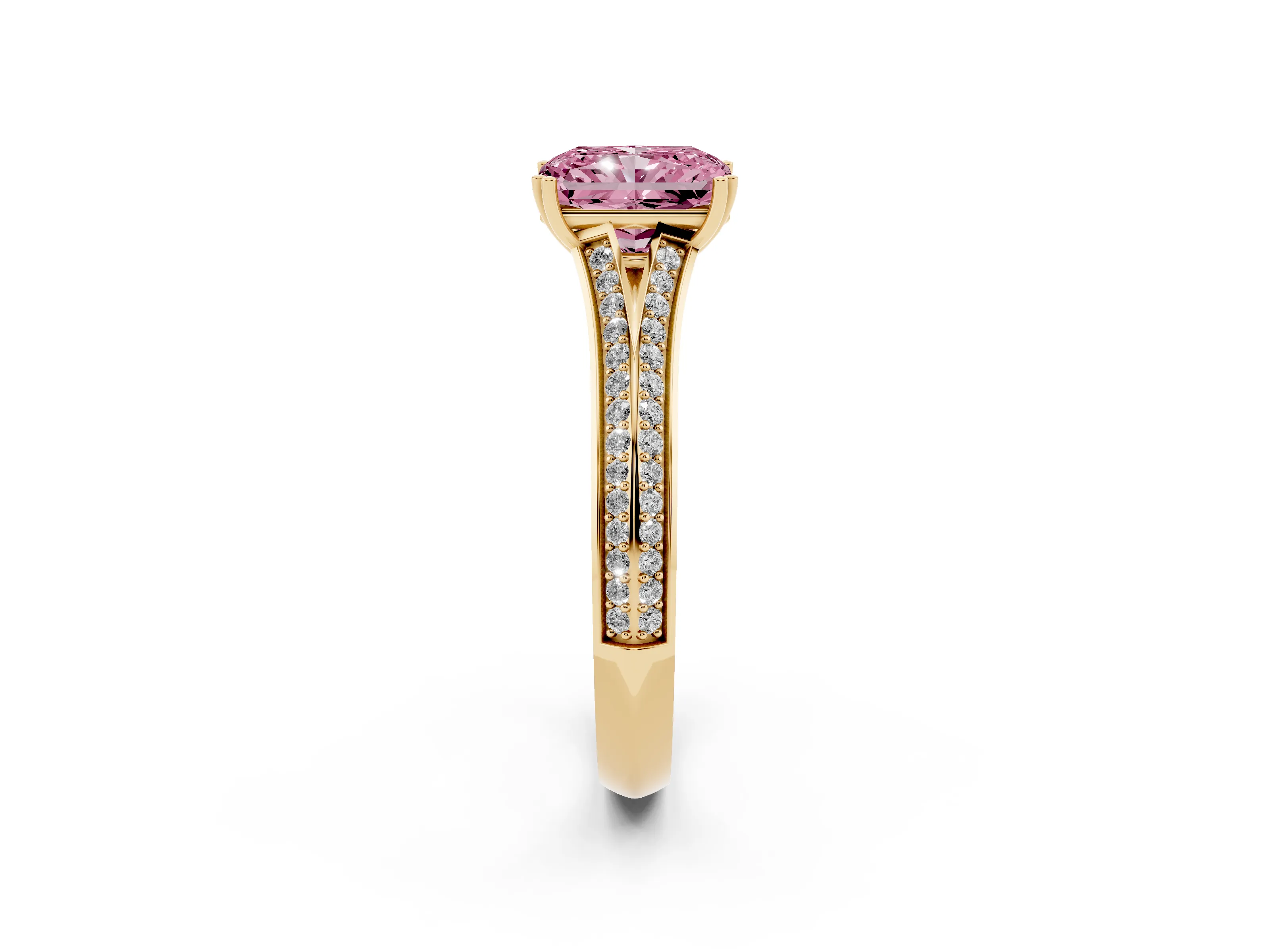 Fancy Pink Radiant Cut Diamond Split Shank Pavé Engagement Ring Set in Yellow gold with Prong-Set Center Stone