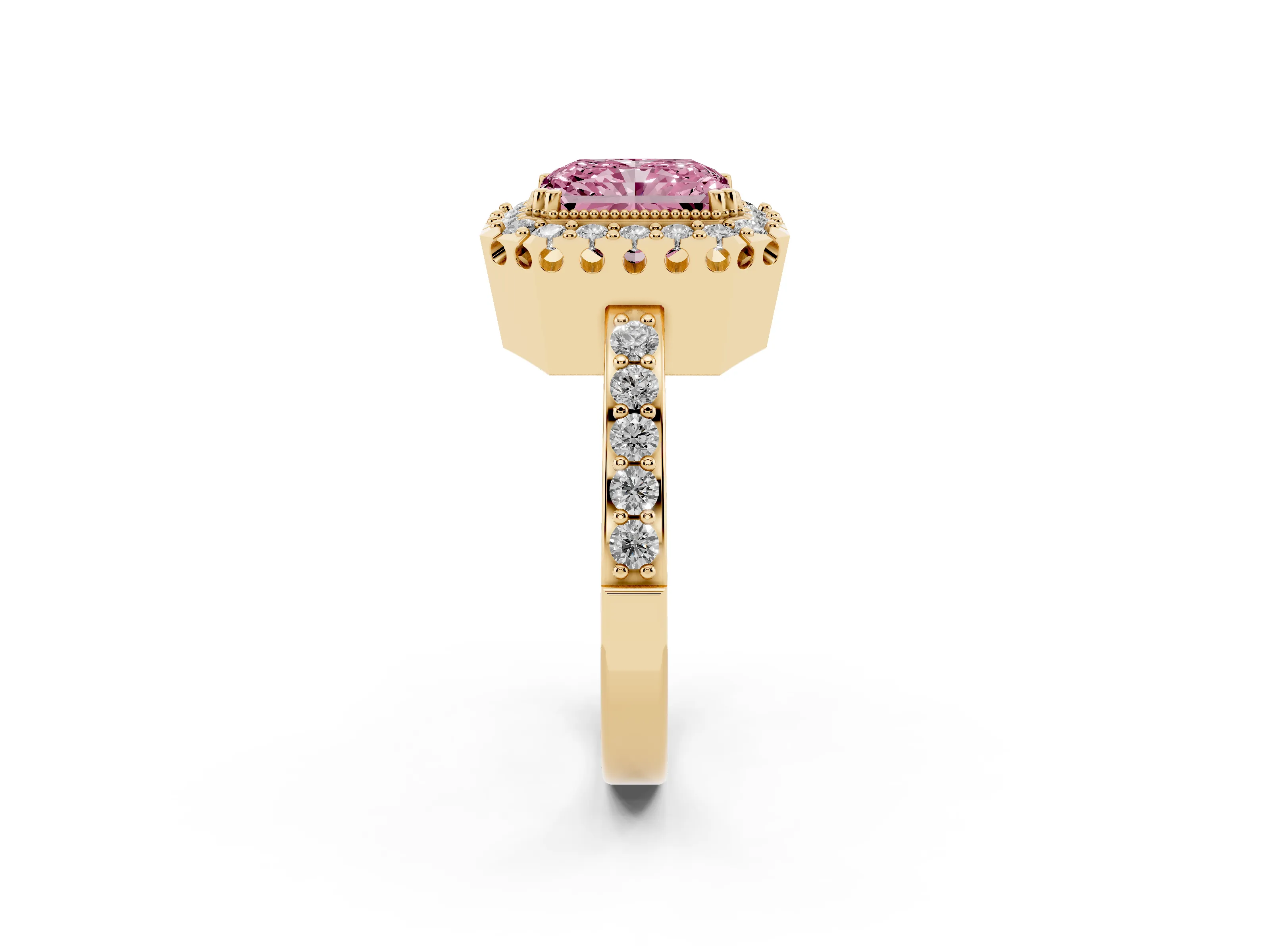 Fancy Pink Radiant Cut Diamond Halo Ring Set in Yellow gold with Pavé Shank and Prong Setting