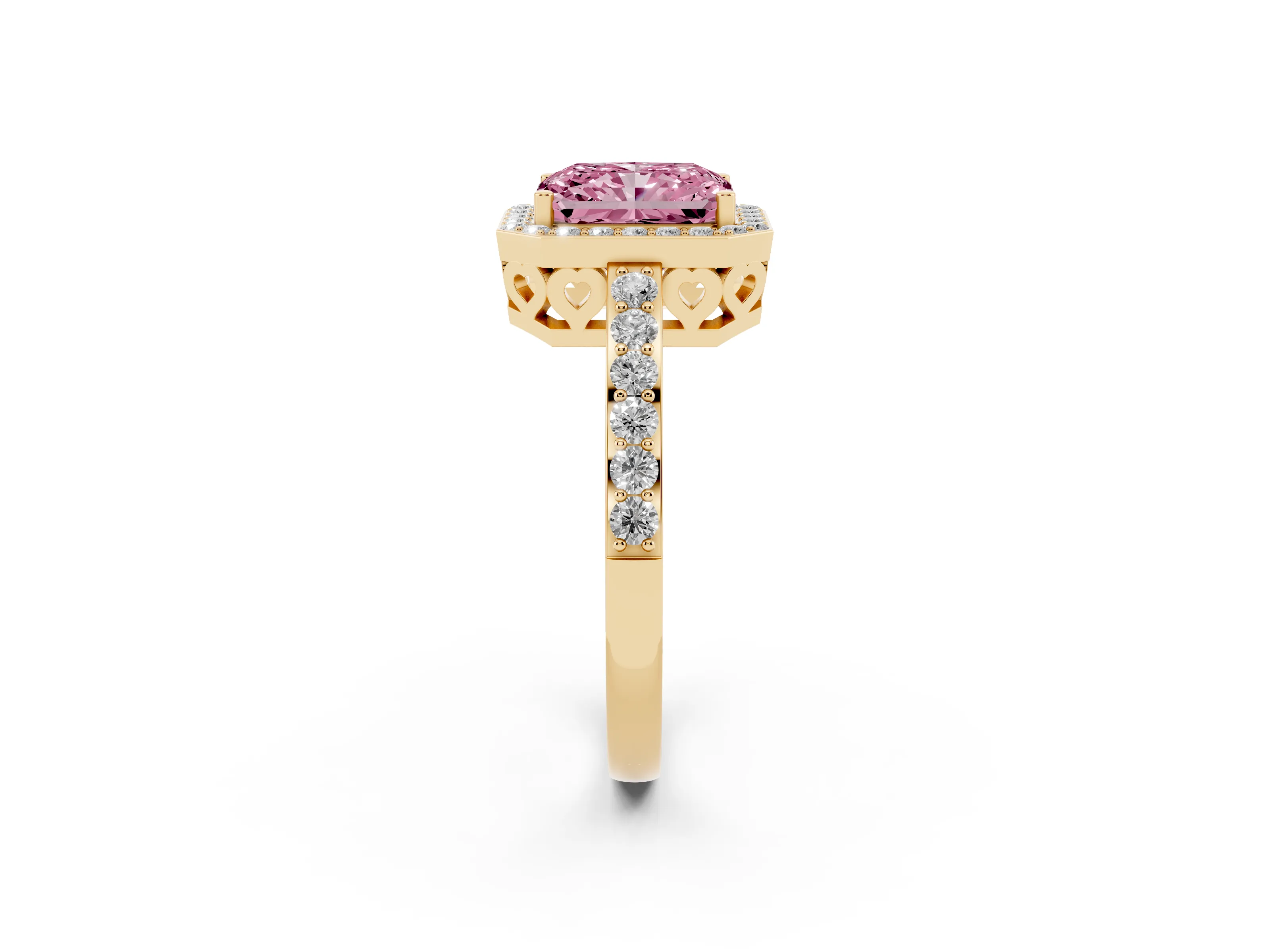 Fancy Pink Radiant Cut Diamond Halo Ring Set in Yellow gold with Pavé-Setting Band and Open Prong Center