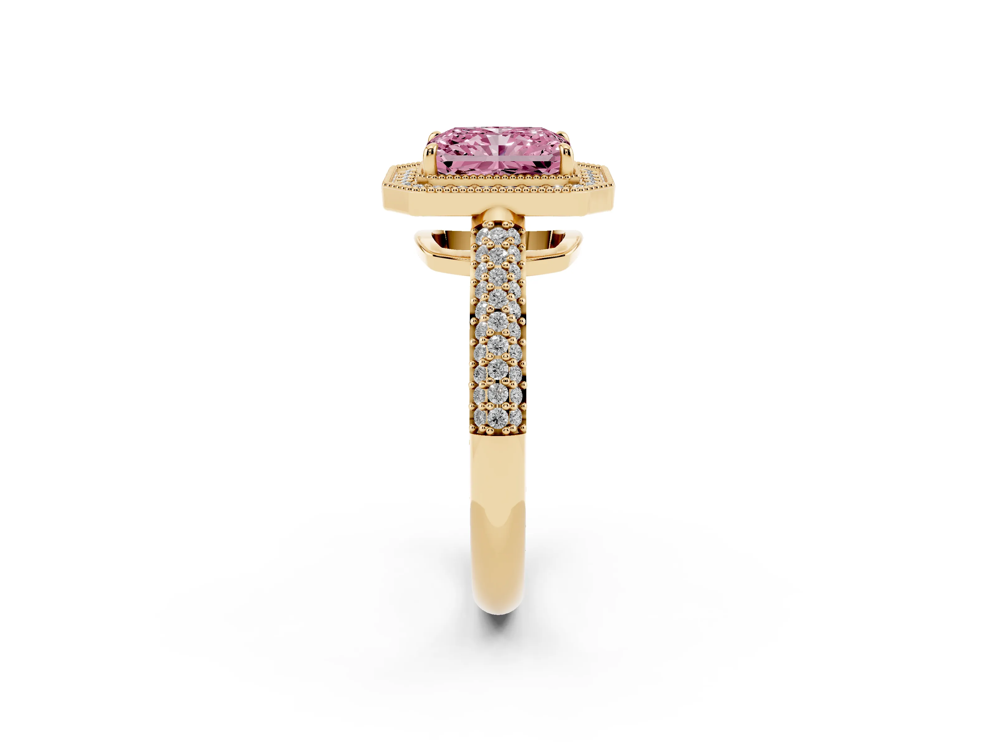Fancy Pink Radiant Cut Diamond Halo Pavé Band Set in Yellow gold with Prong Setting