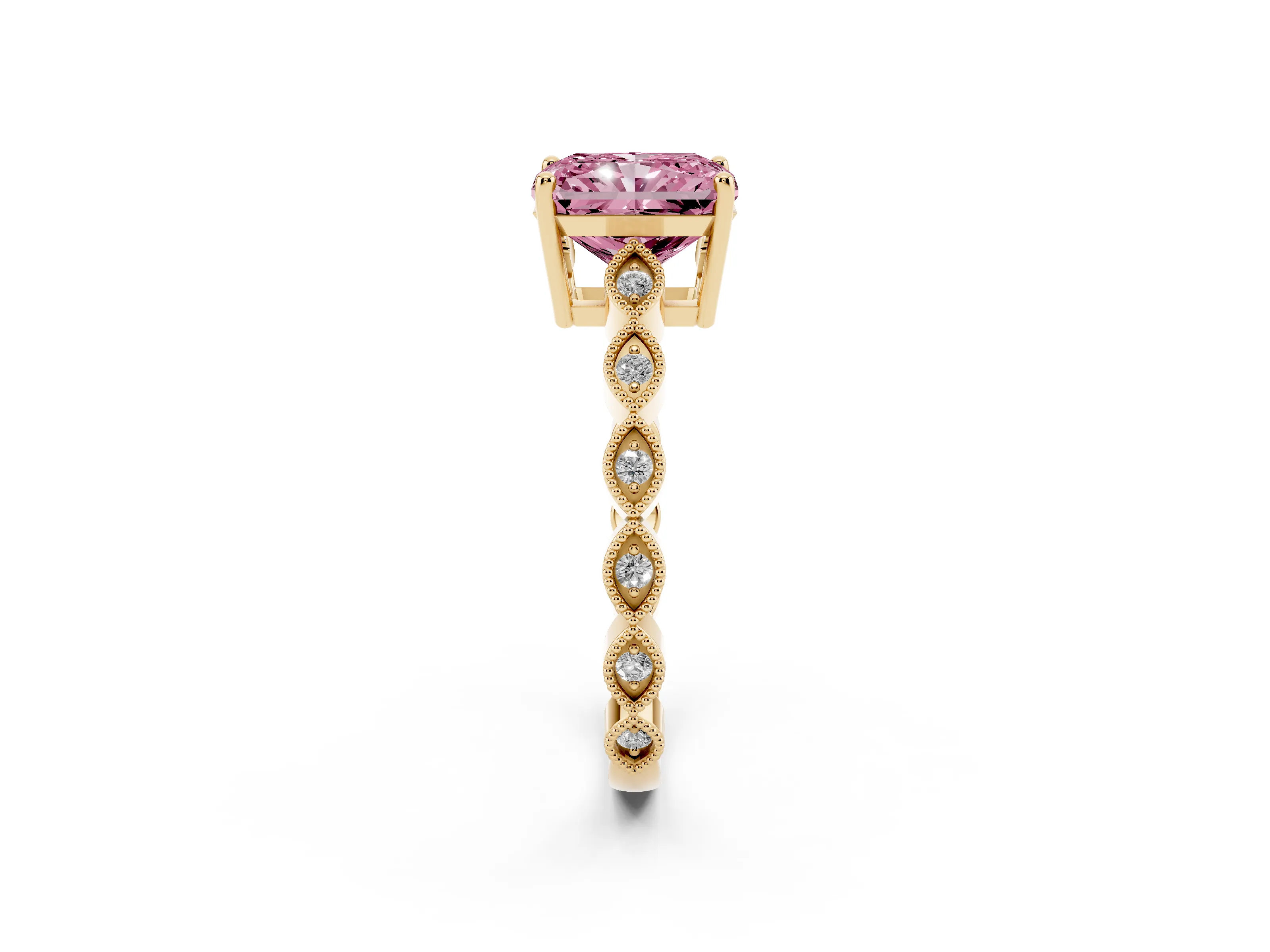Fancy Pink Radiant Cut Diamond Solitaire Ring Set in Yellow gold with Infinity Twist Pavé Band