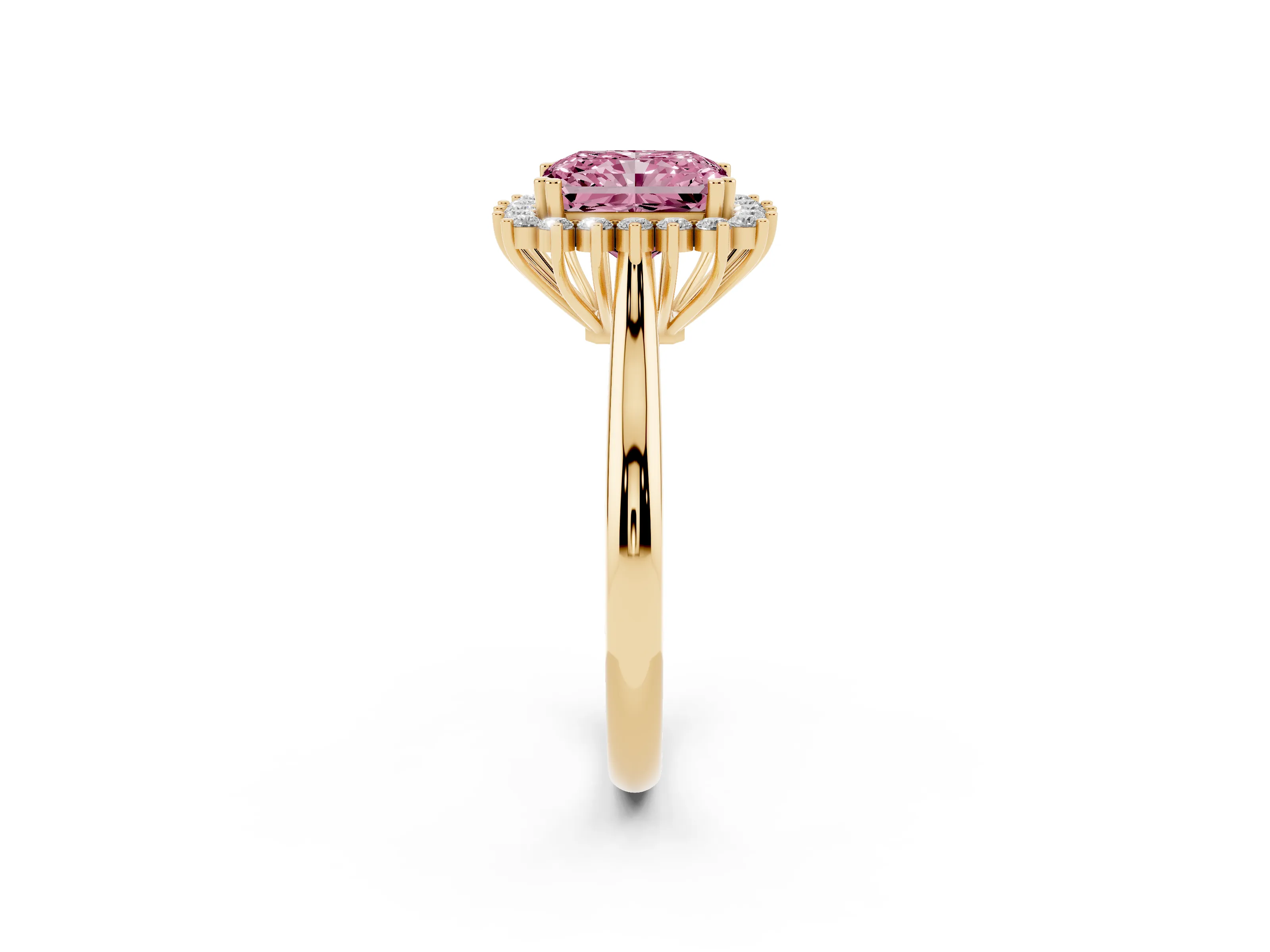 Fancy Pink Radiant Cut Diamond Halo Ring Set in Yellow gold with Plain Solitaire Band and Prong Setting