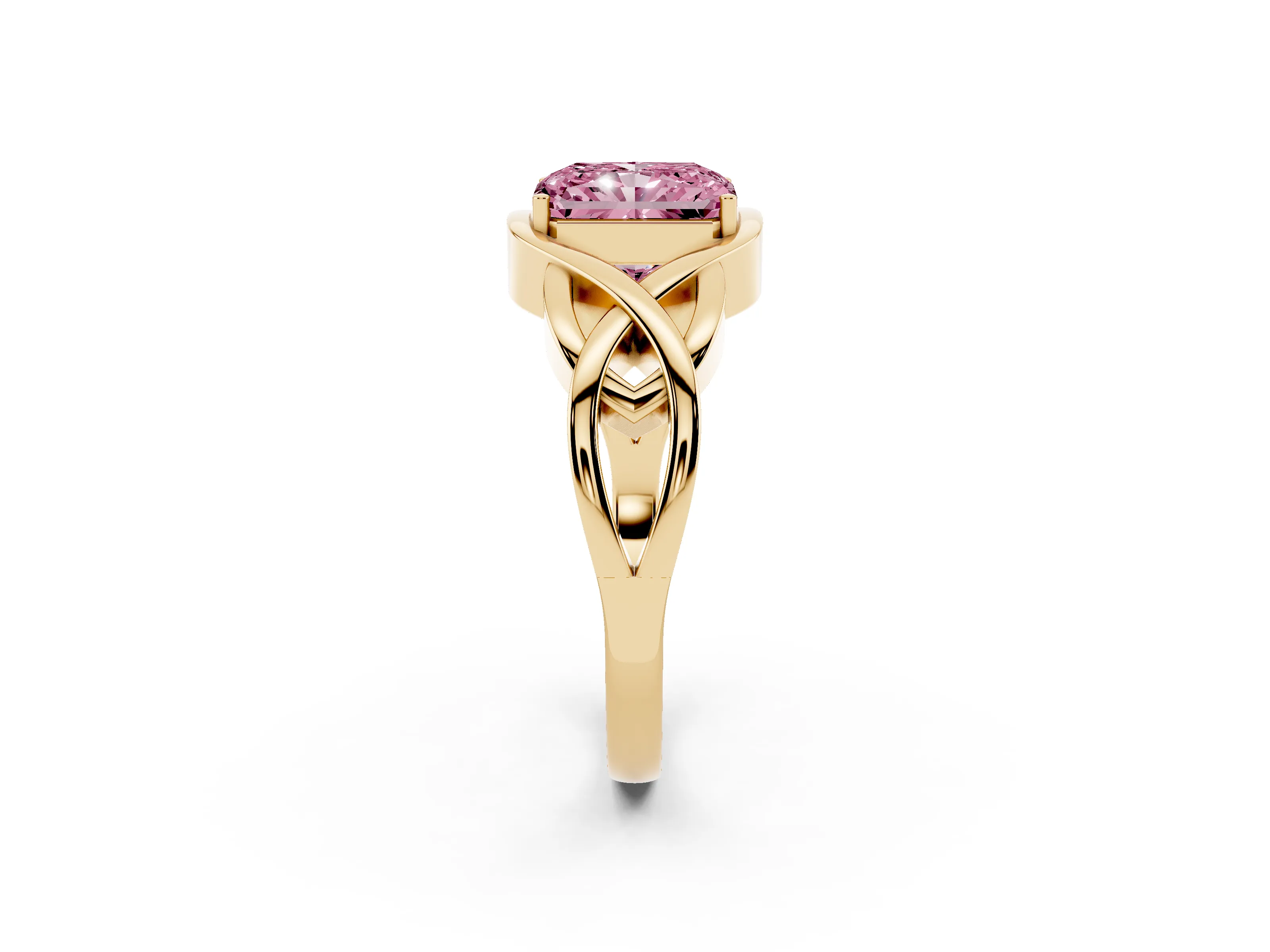 Fancy Pink Radiant Cut Diamond Solitaire Ring Set in Yellow gold with Intertwined Band