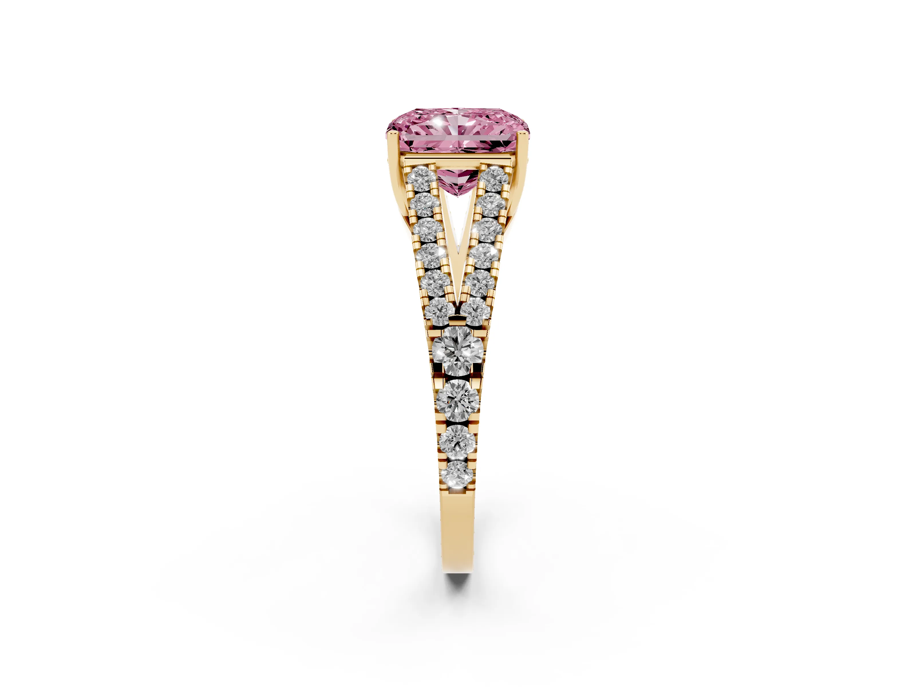 Fancy Pink Radiant Cut Diamond Split Shank Pavé Engagement Ring Set in Yellow gold with Prong-Held Center Stone