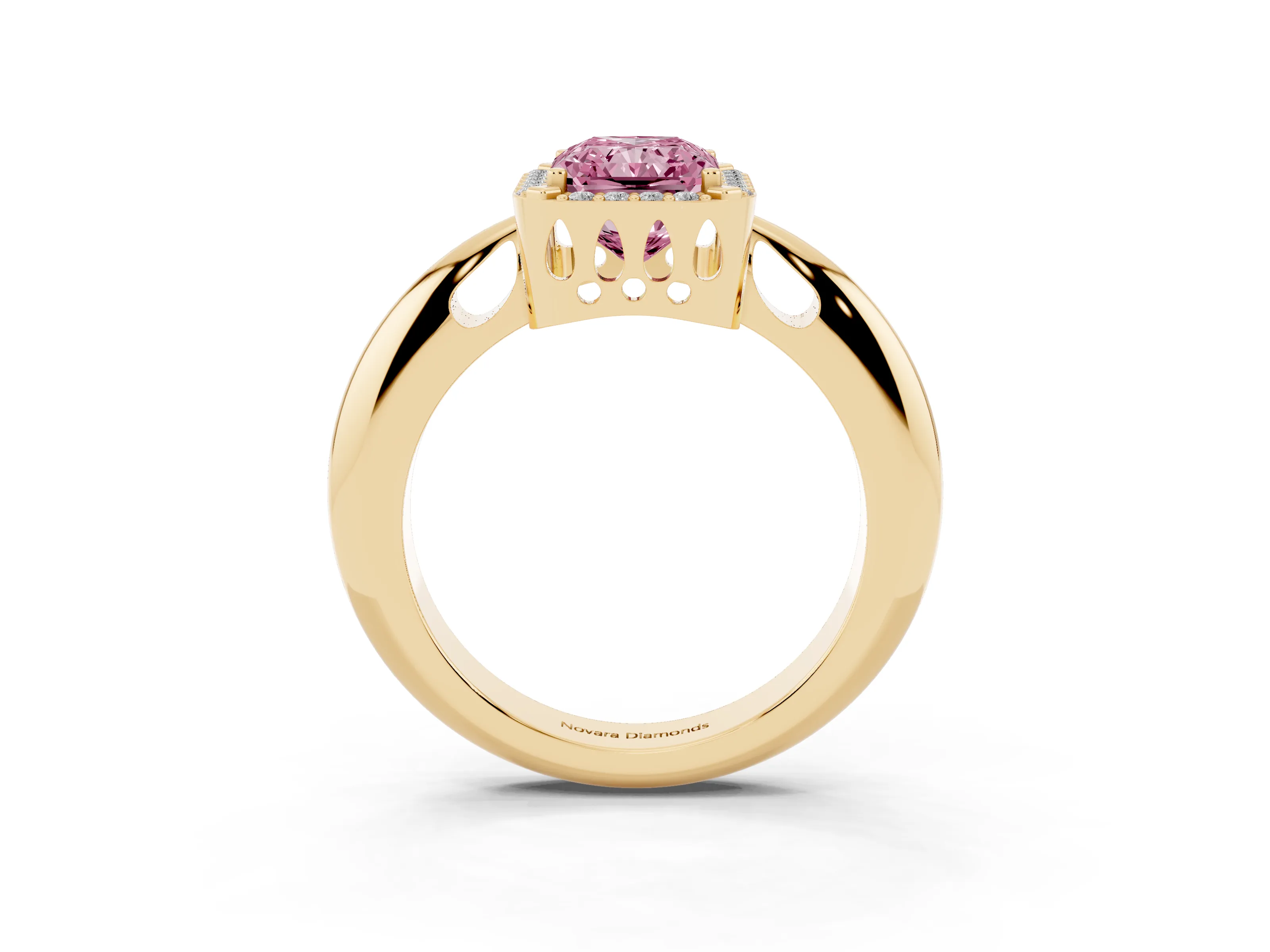 Fancy Pink Radiant Cut Diamond Halo Engagement Ring Set in Yellow gold with Plain Split Shank and Prong Setting