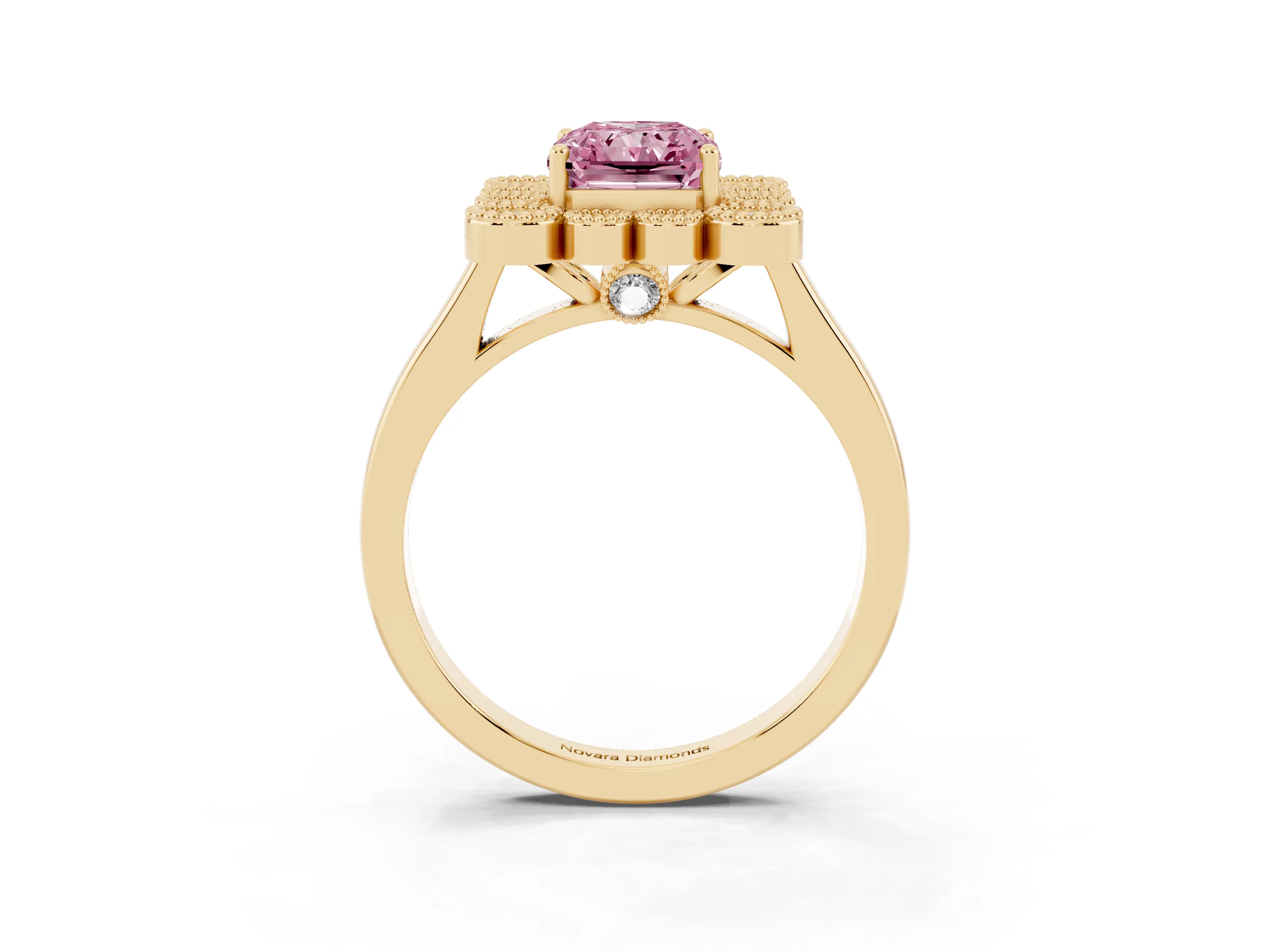 Fancy Pink Radiant Cut Diamond Cluster Halo Ring Set in Yellow gold with Milgrain Bezel Accents and Plain Band