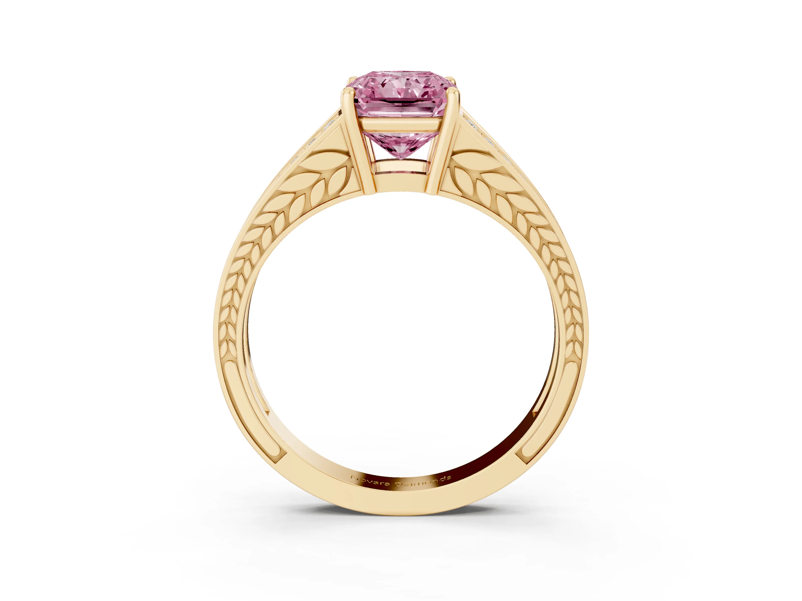 Fancy Pink Radiant Cut Diamond Split Shank Ring Set in Yellow gold with Pavé Band and Prong Setting