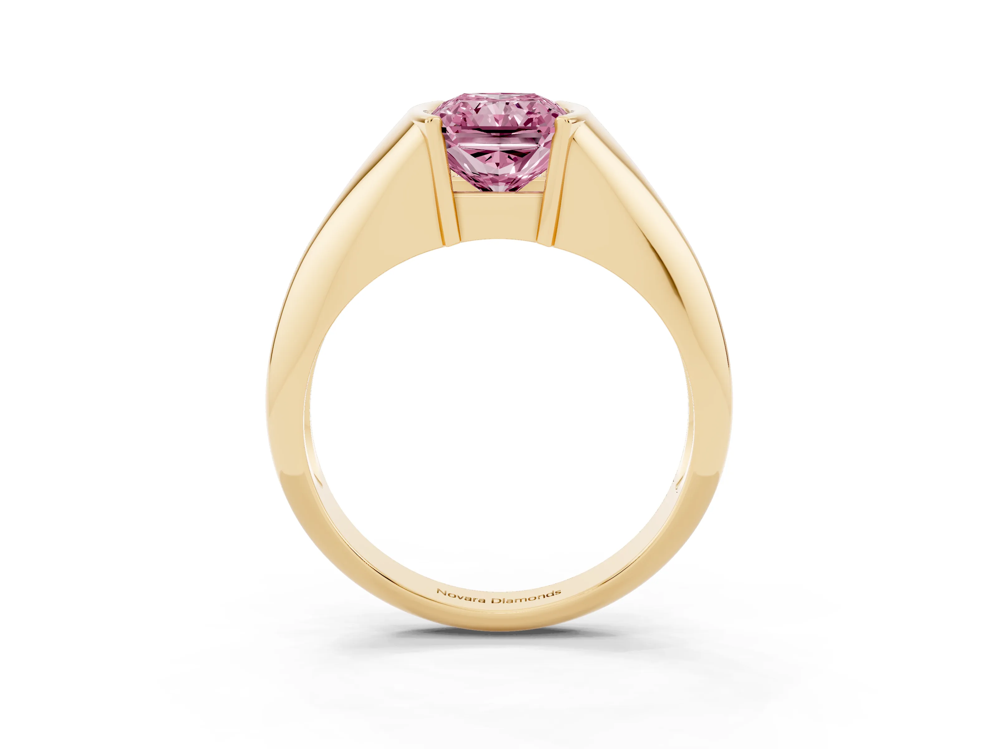 Fancy Pink Radiant Cut Diamond Solitaire Tension Set Ring Set in Yellow gold